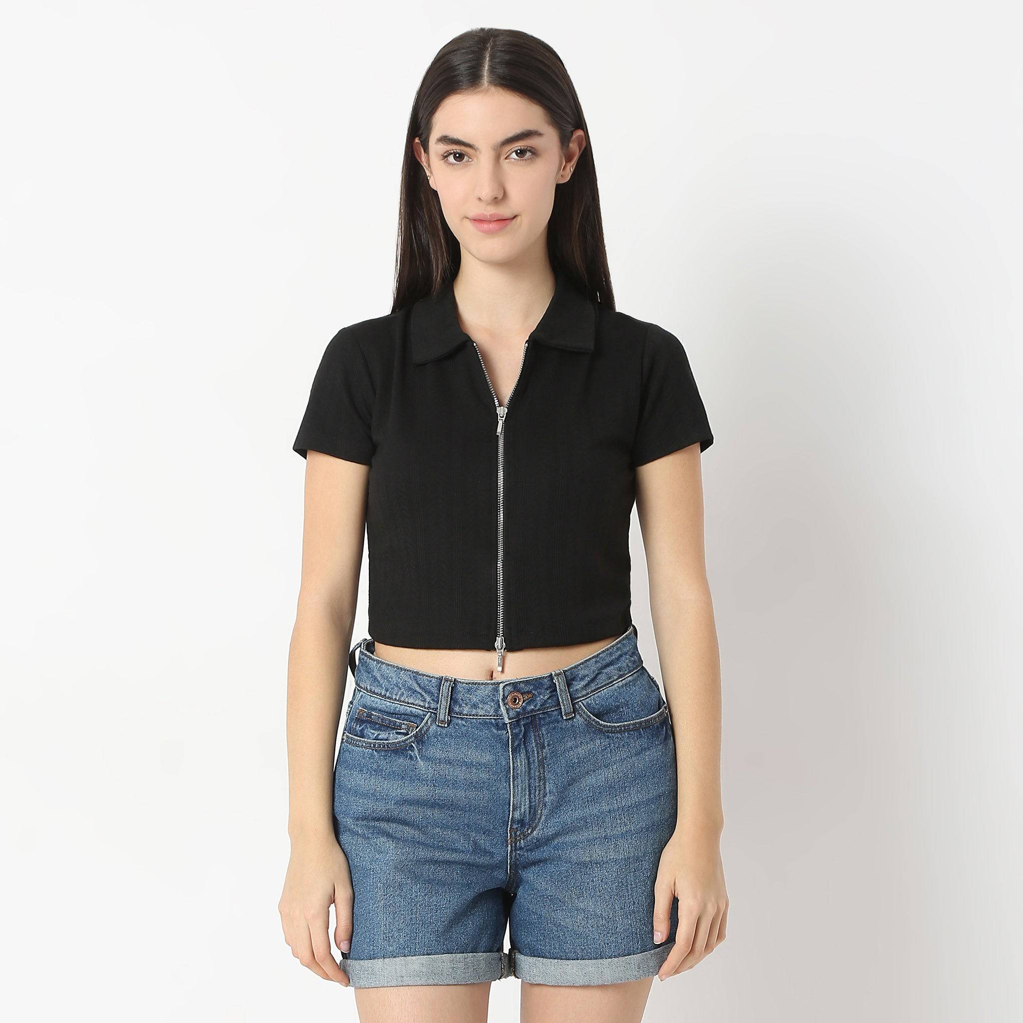 Solid Polo Neck Short Sleeve Tee With Front Zip Open Crop T-Shirt