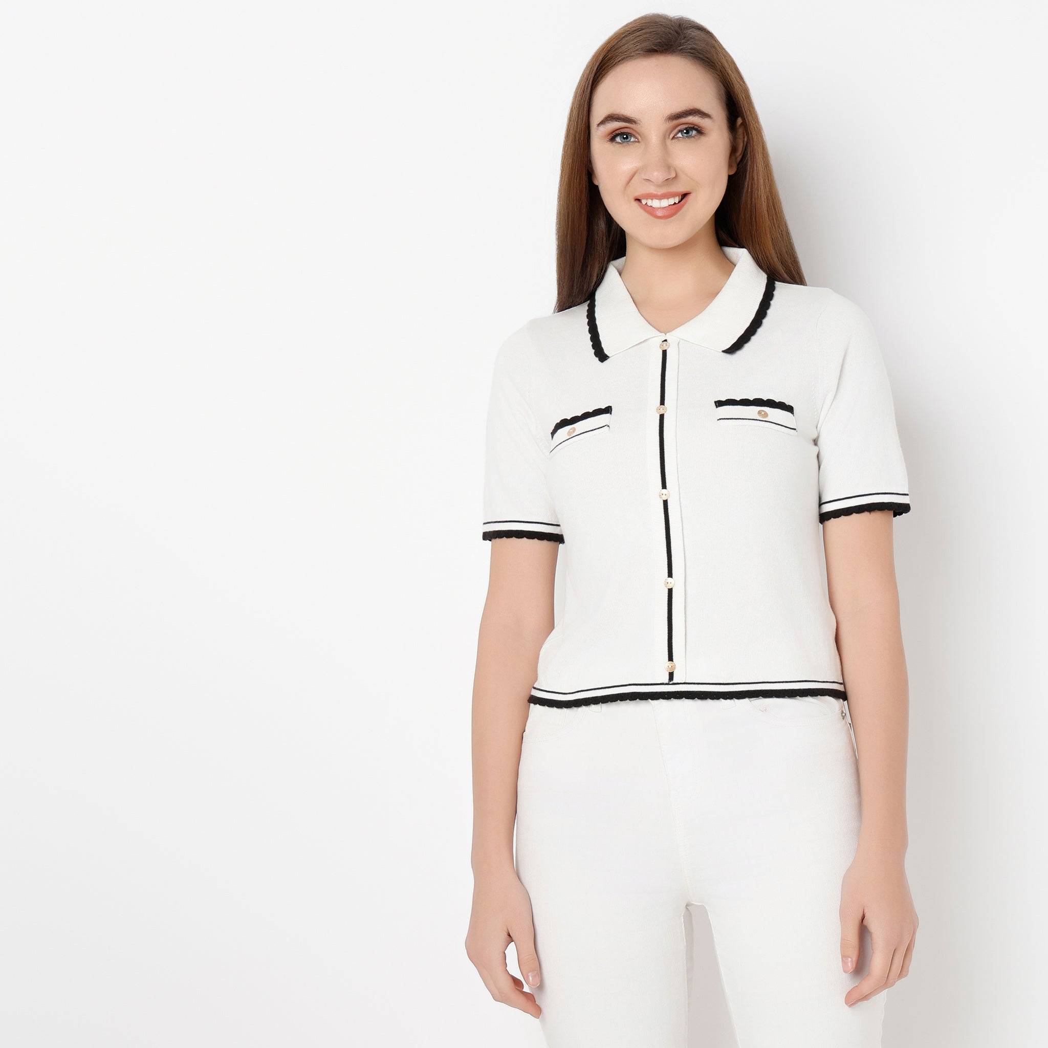 Solid Shirt Collar With Flap Korean Style T-Shirt