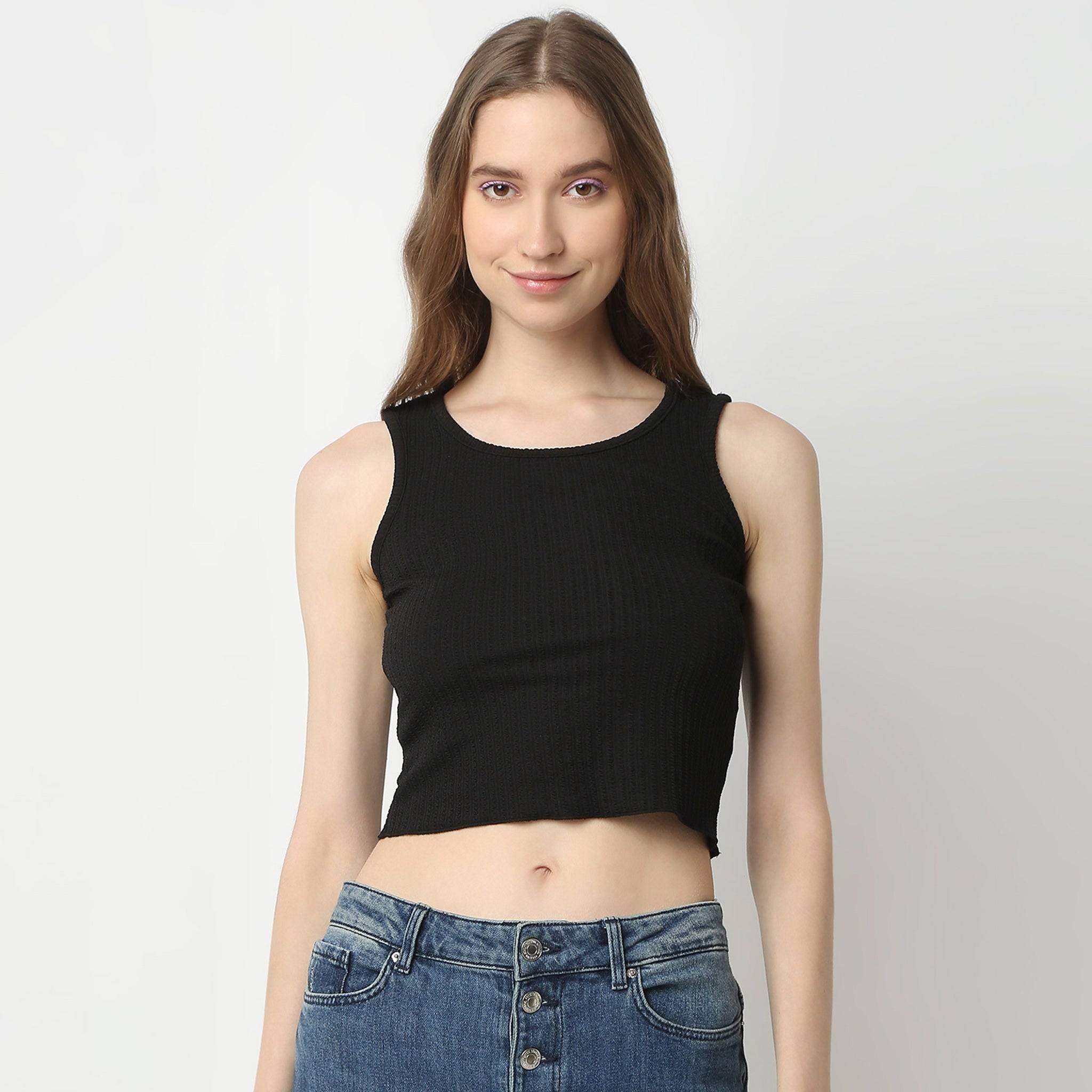 Slim Fit Solid Sleeveless Scoop Neck Betty Fashion T-Shirt