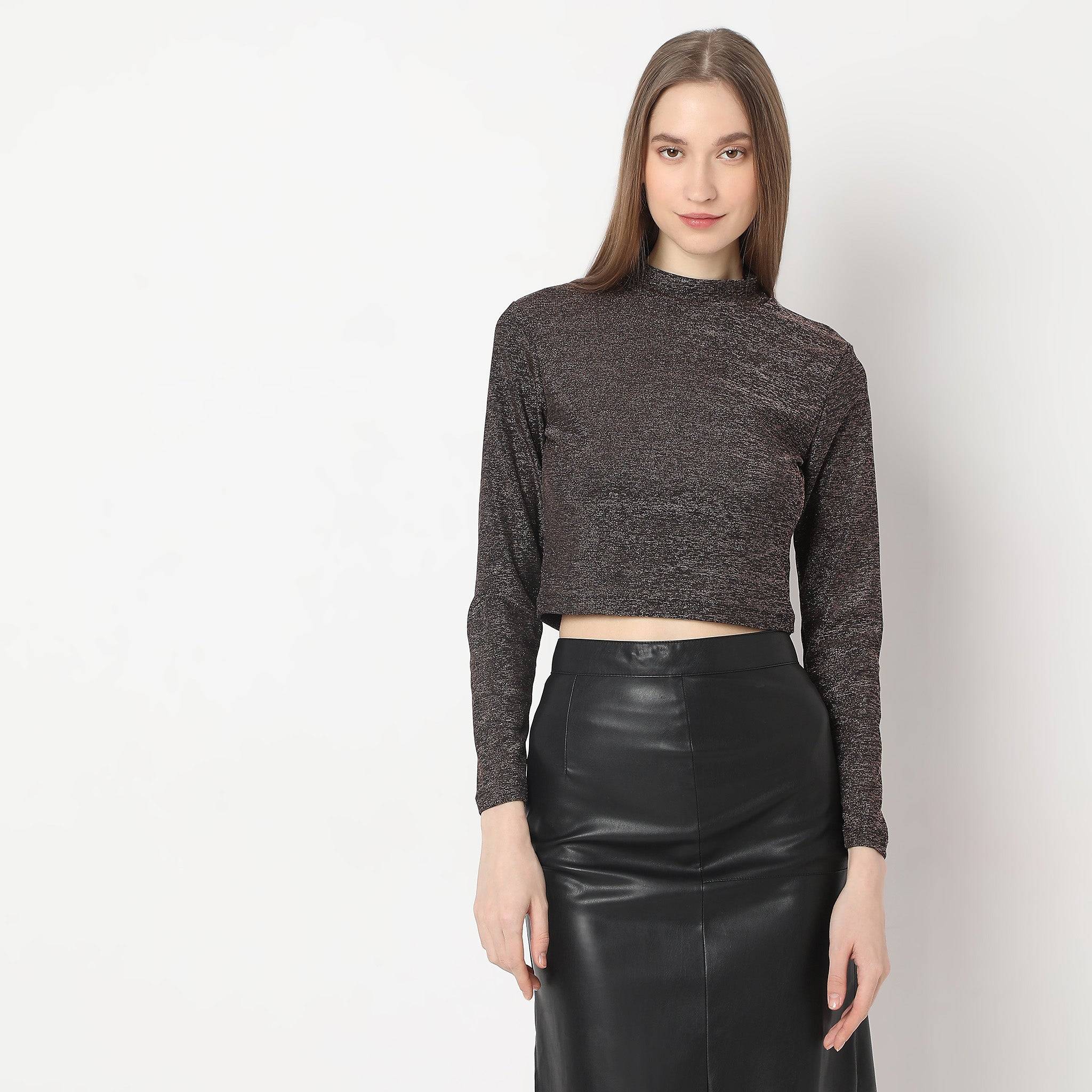 Mock Turtle Neck Full Sleeve Party Crop Top