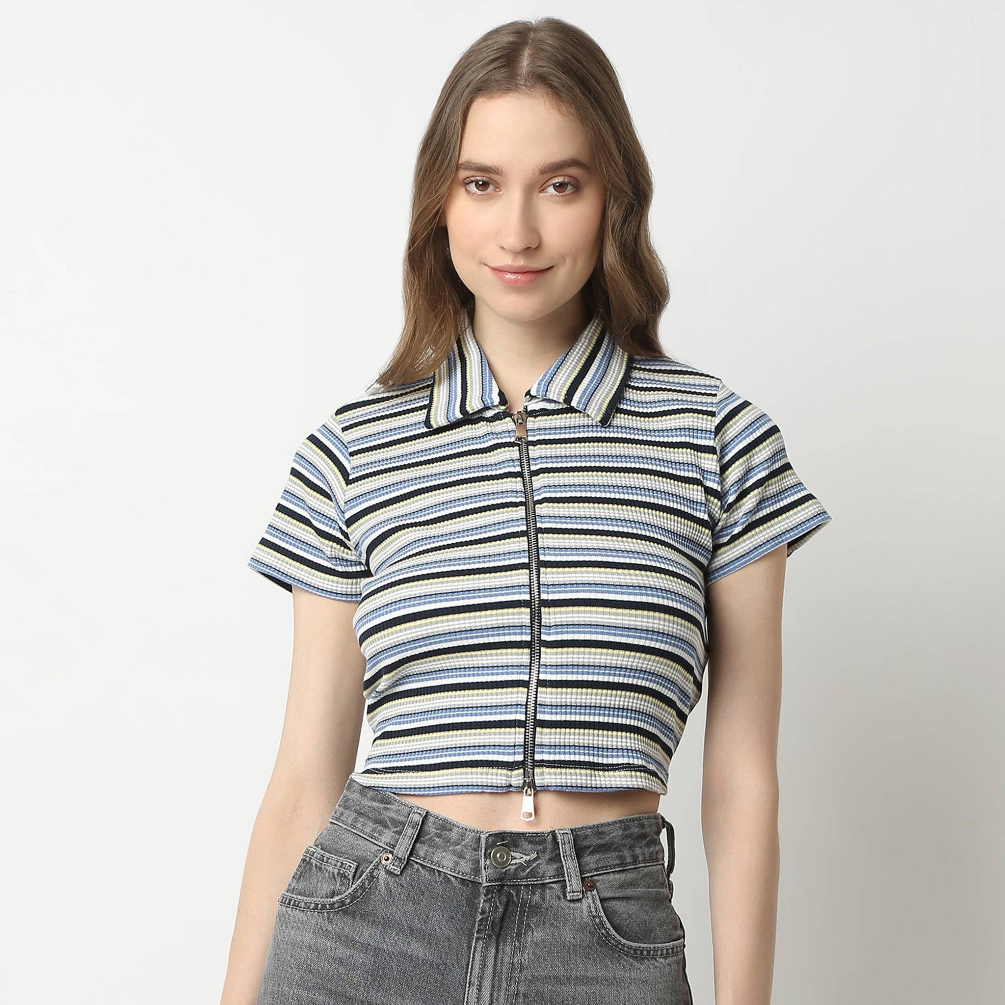 Slim Fit Striped Short Sleeve Polo Neck Crop T-Shirt