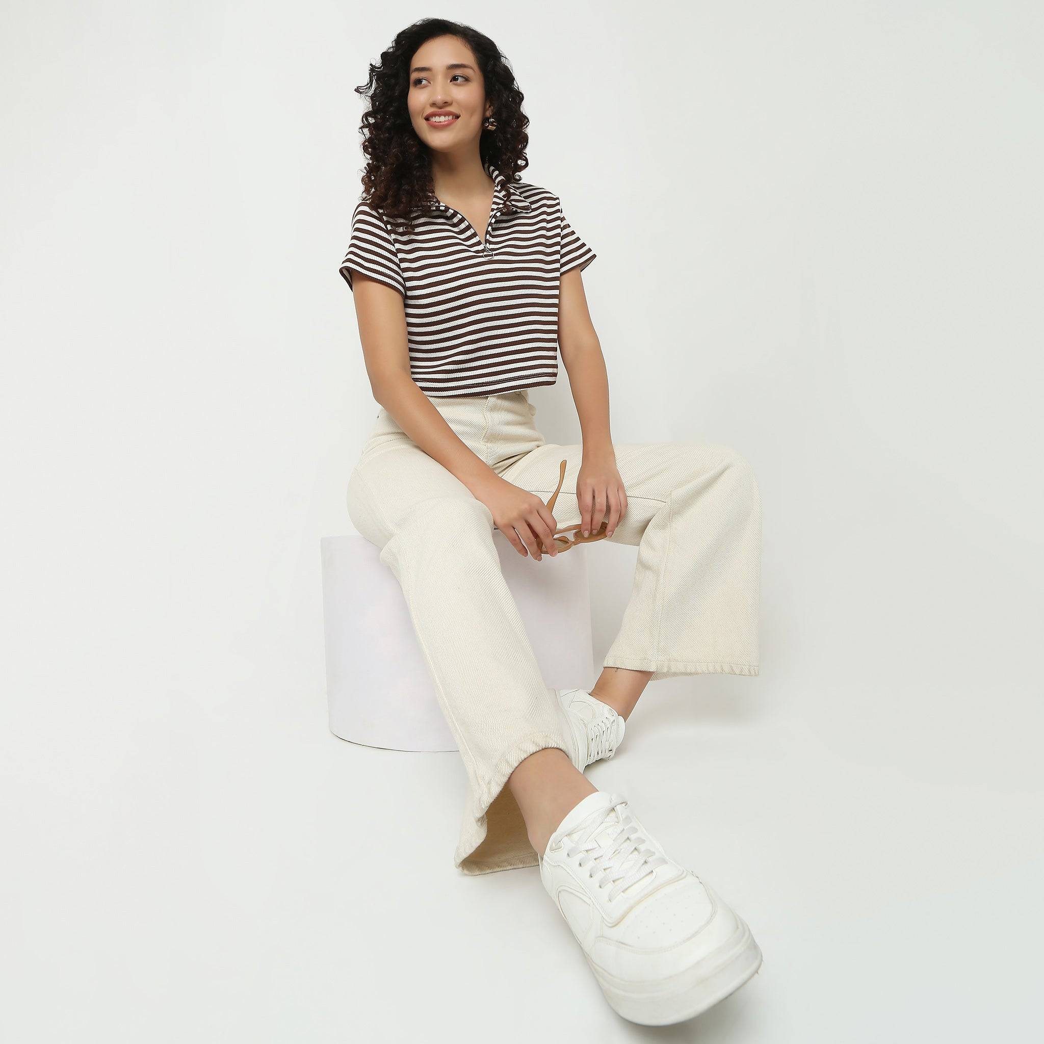 Striped Boxy Fit T-Shirt With Zipper