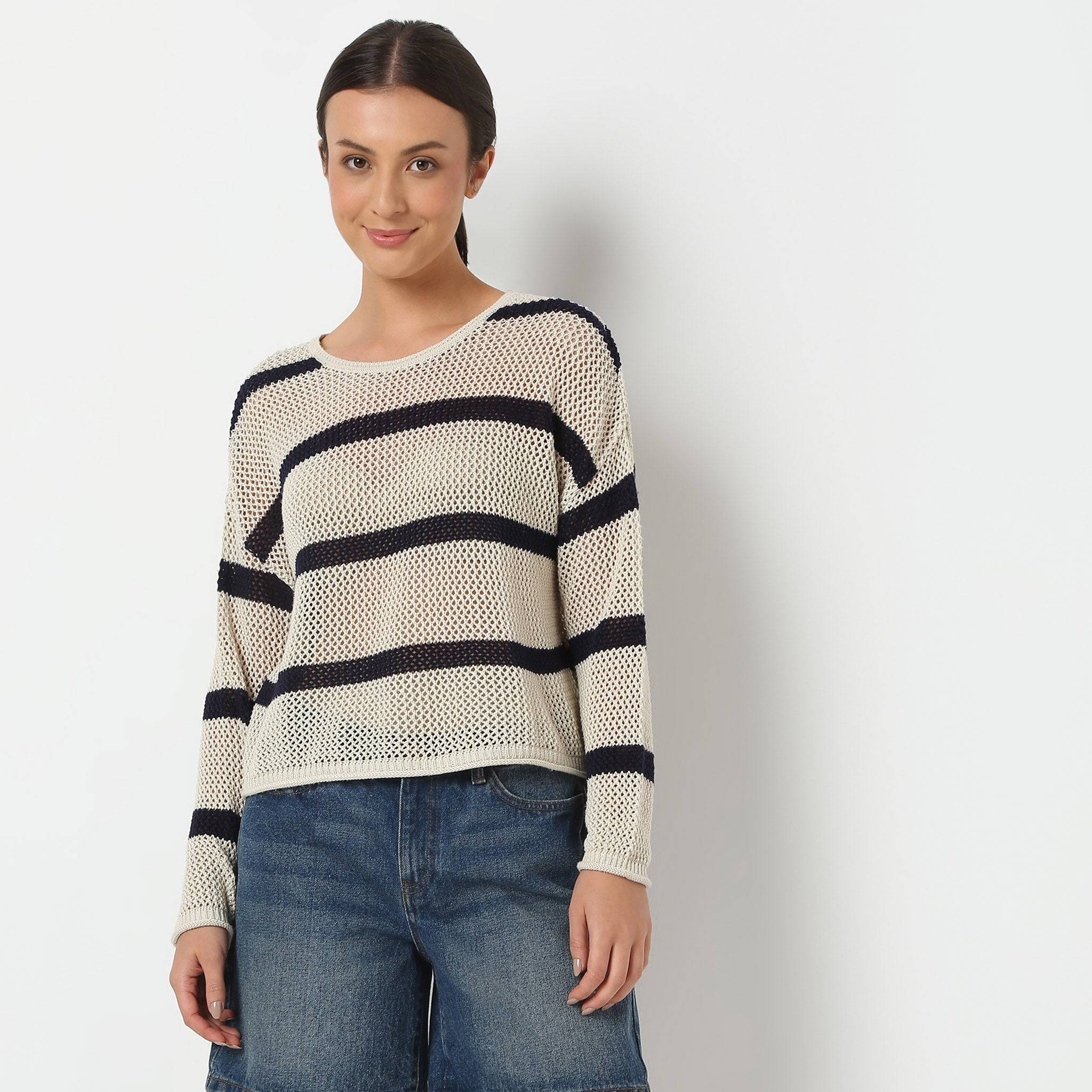 Round Full Sleeve Boxy Fit Structured Crop T-Shirt