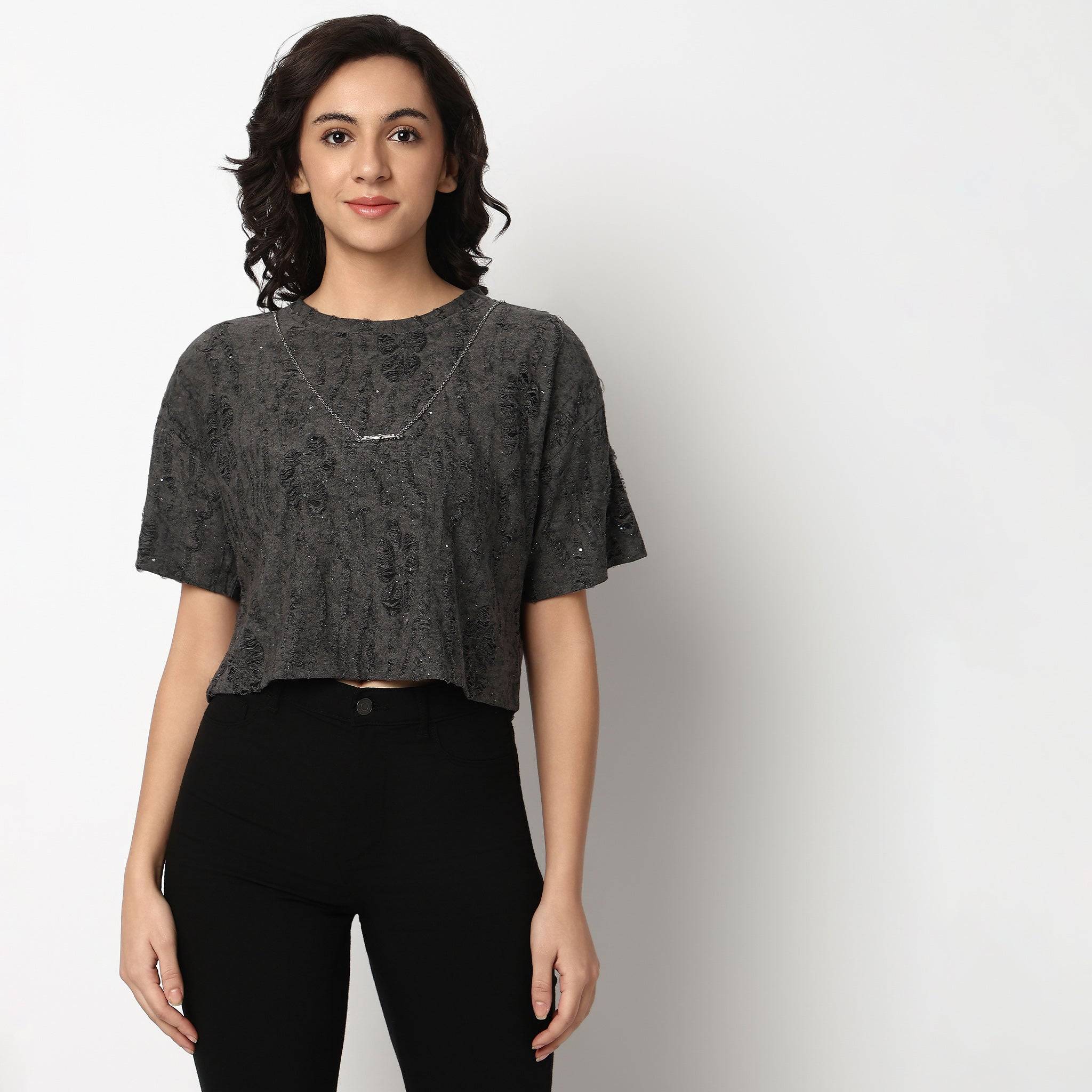 Textured Cropped T-Shirt with Chain Detailing