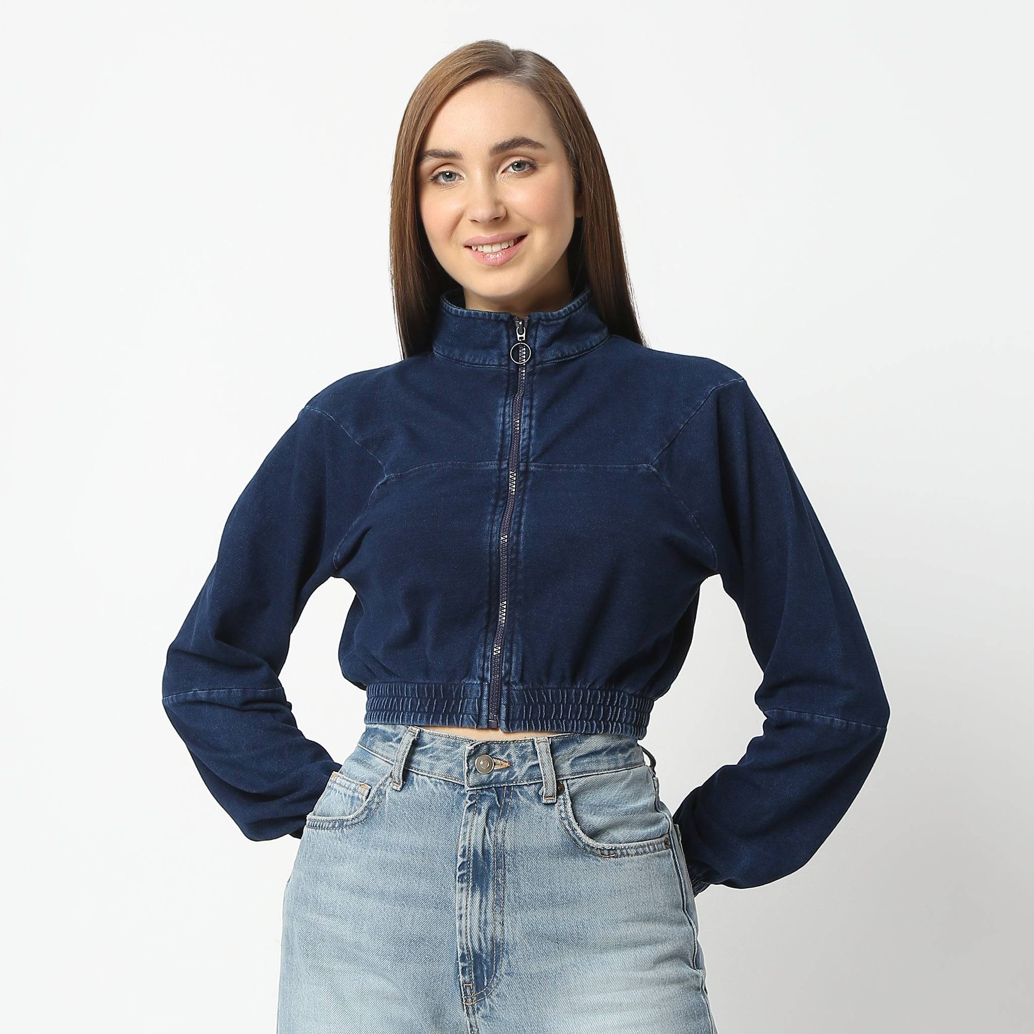 High Neck Performance Denim Crop Jacket With Long Sleeve And Zip Up Fashion