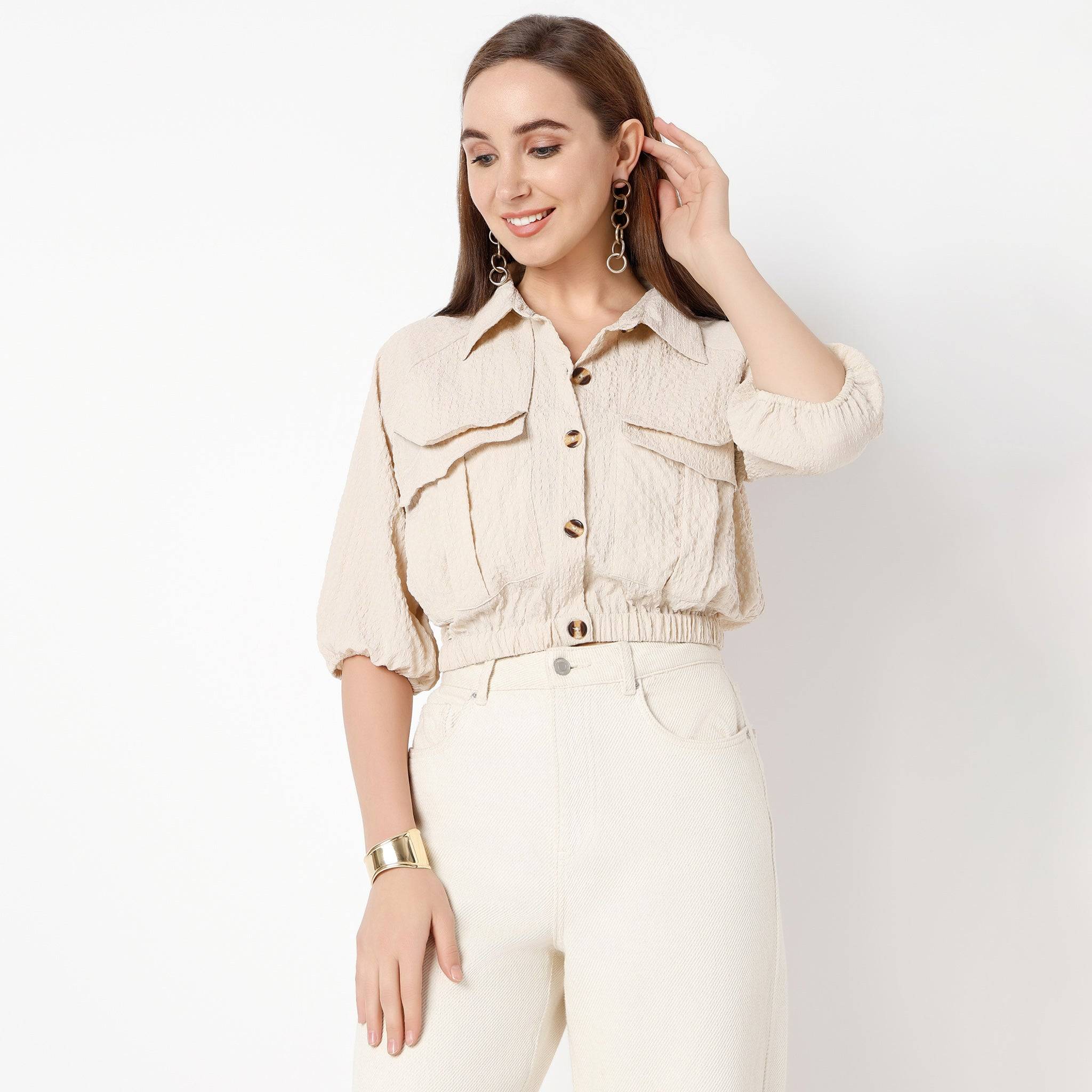 Shirt Collar Three-Fourth Sleeve Betty Crop Shirt With Flap Pocket