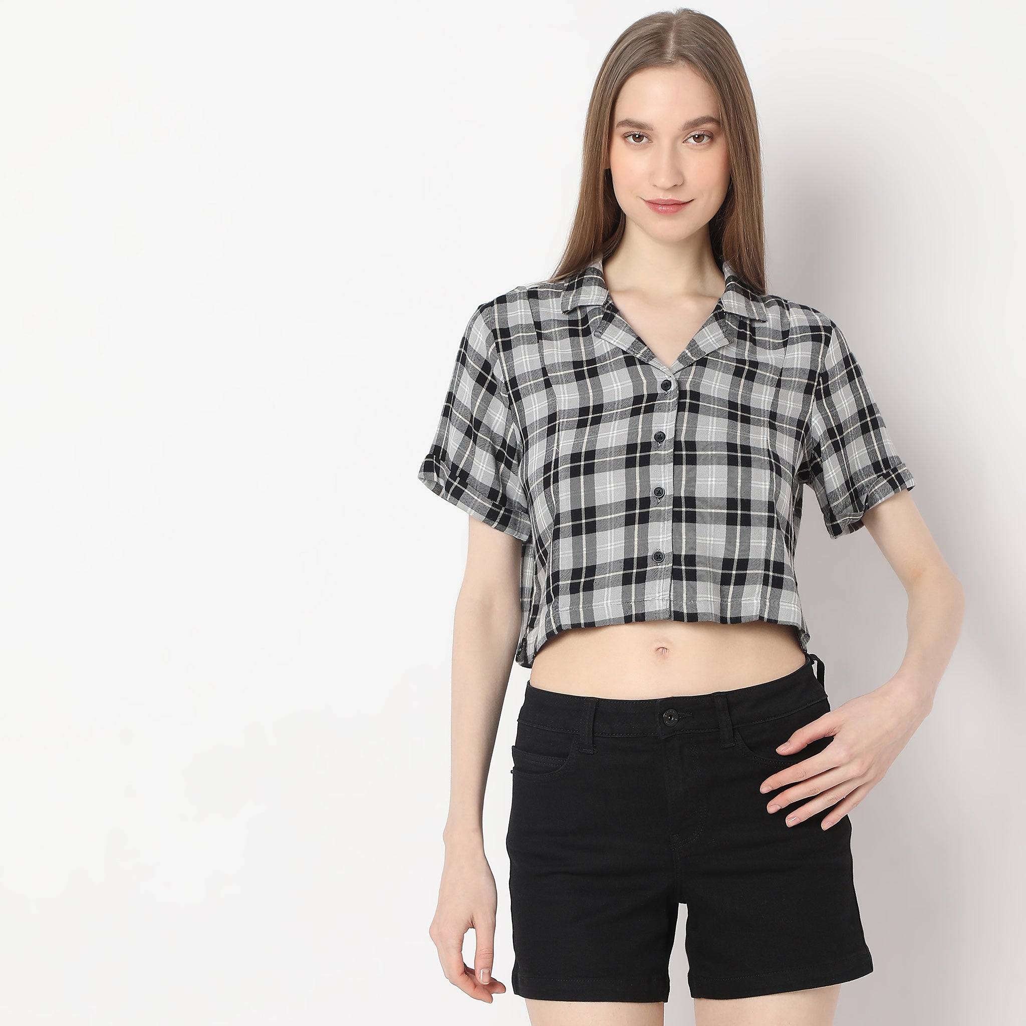 Comfort Fit Checkered Lapel Collar With Front Button Opening Short Sleeve Crop Shirt
