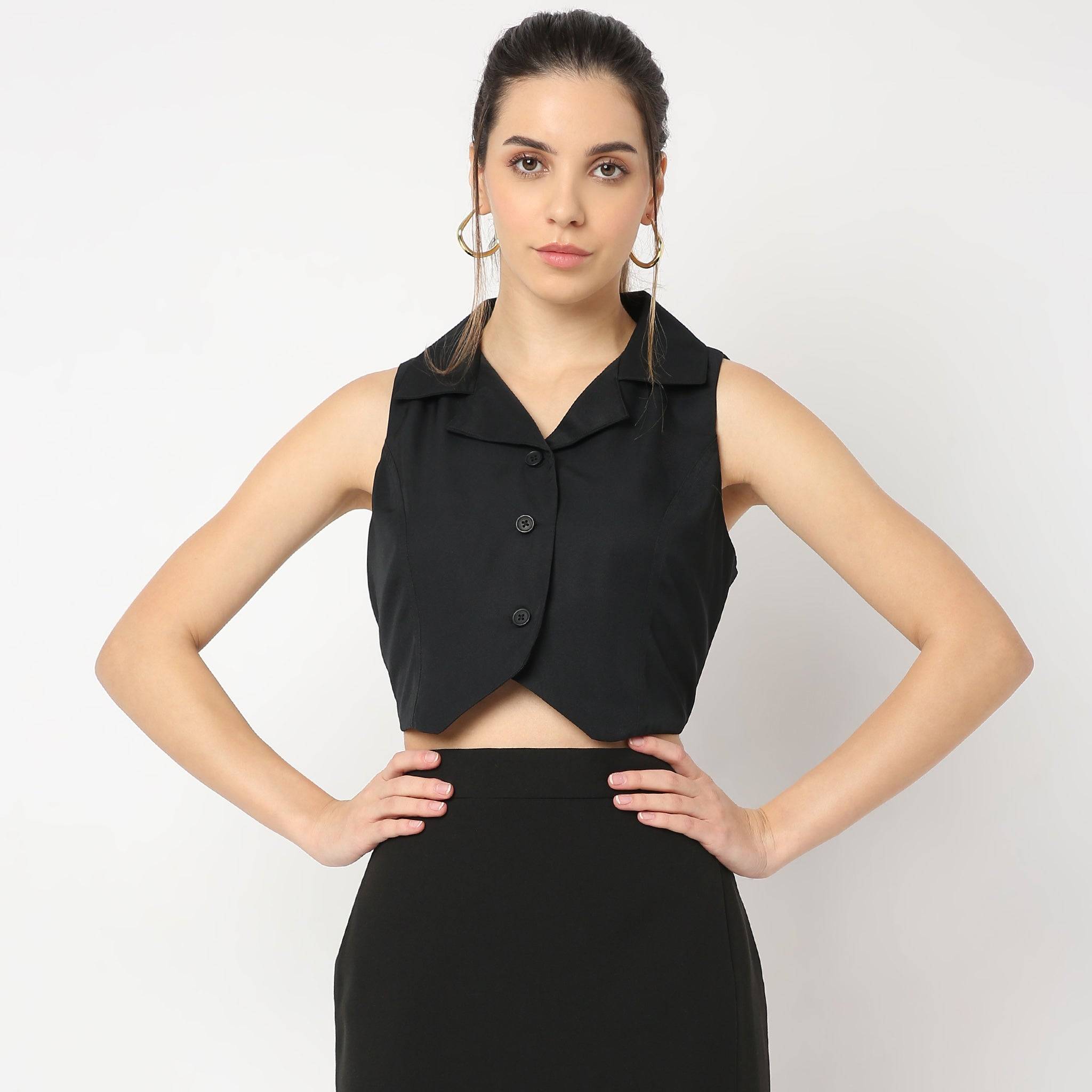 Slim Fit Lapel Collar Betty Vest Sleeveless Cropped Vest With Collar Shirt