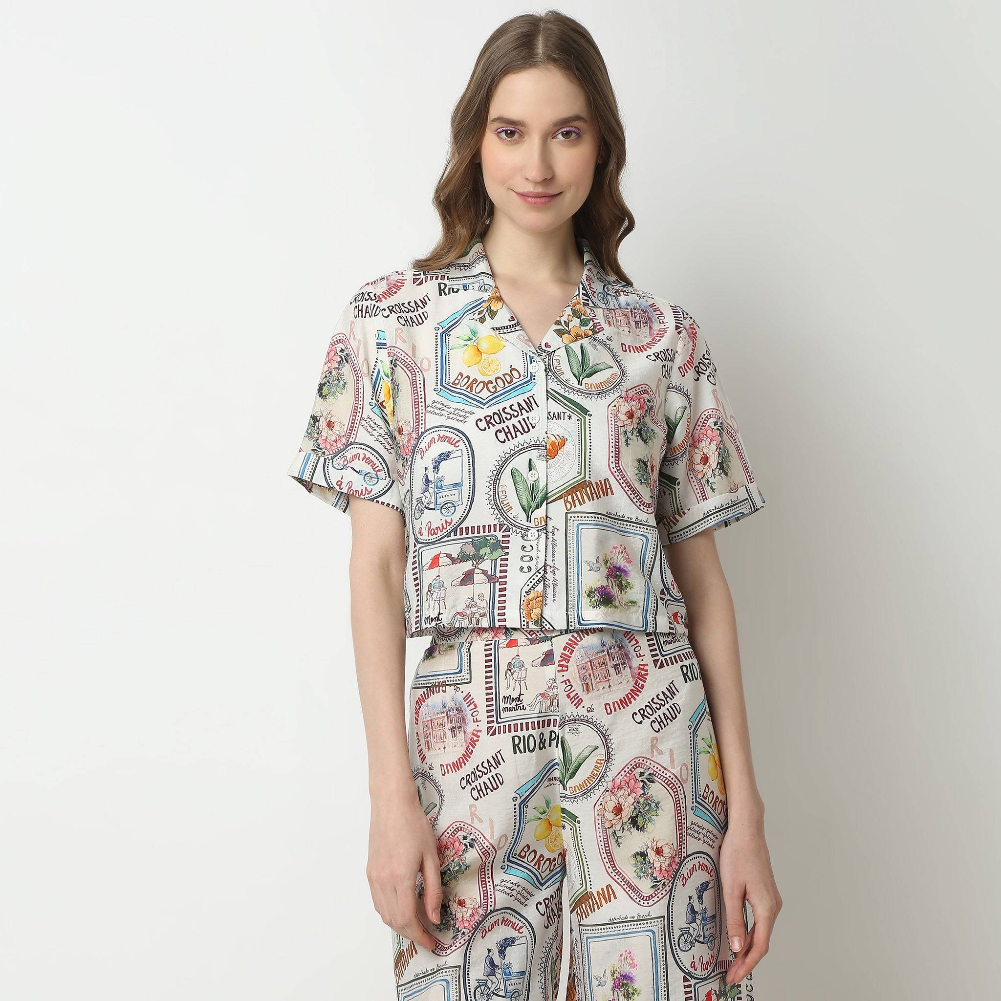 Geometric Short Sleeve Lapel Collar Shirt