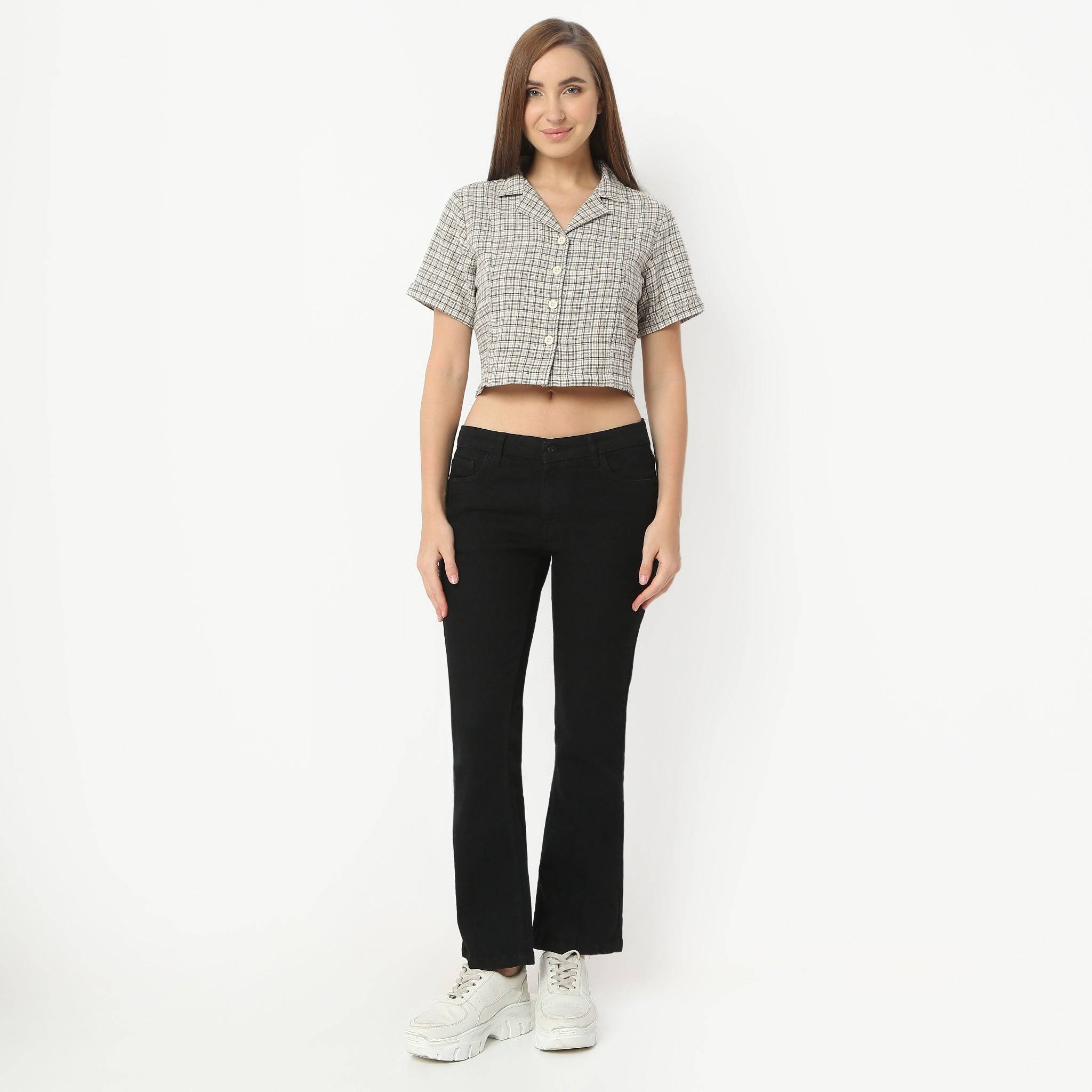 Checkered Lapel Collar Short Sleeve Crop Shirt