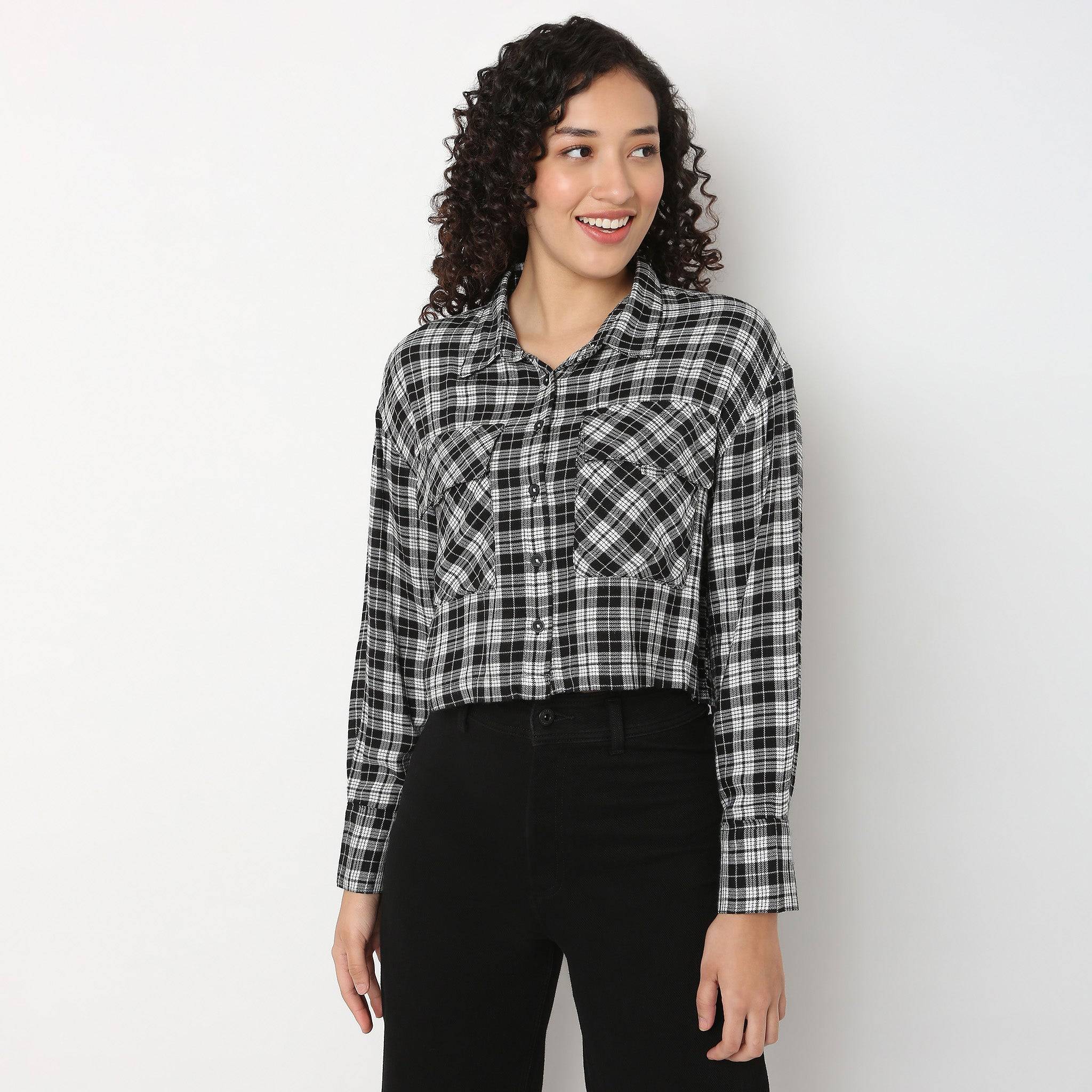 Checkered Boxy Crop Shirt