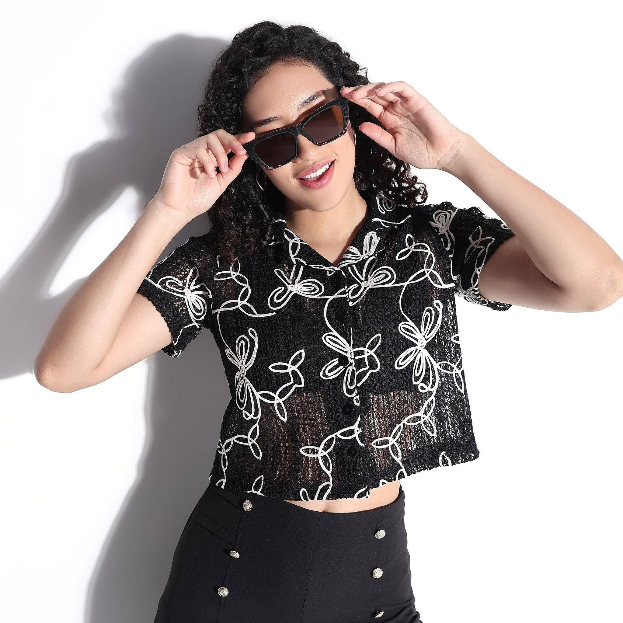 Floral Embroidered Boxy Fit Cropped Shirt