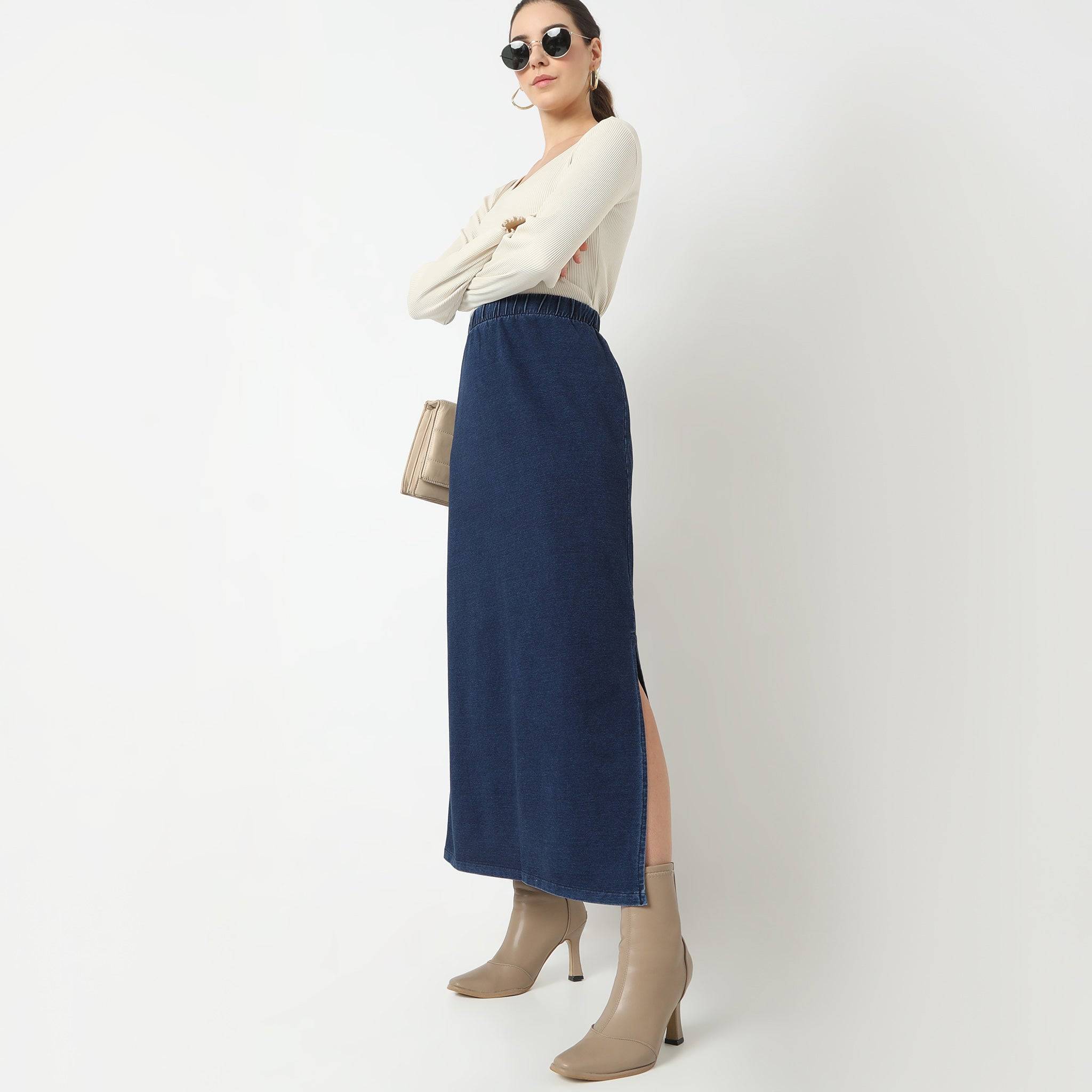 Straight Fit Full Length Betty High Rise Knitted Indigo Long Skirt With Side Slit