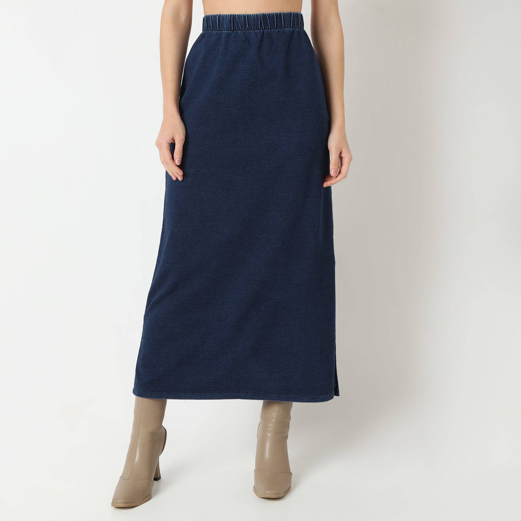 Straight Fit Full Length Betty High Rise Knitted Indigo Long Skirt With Side Slit