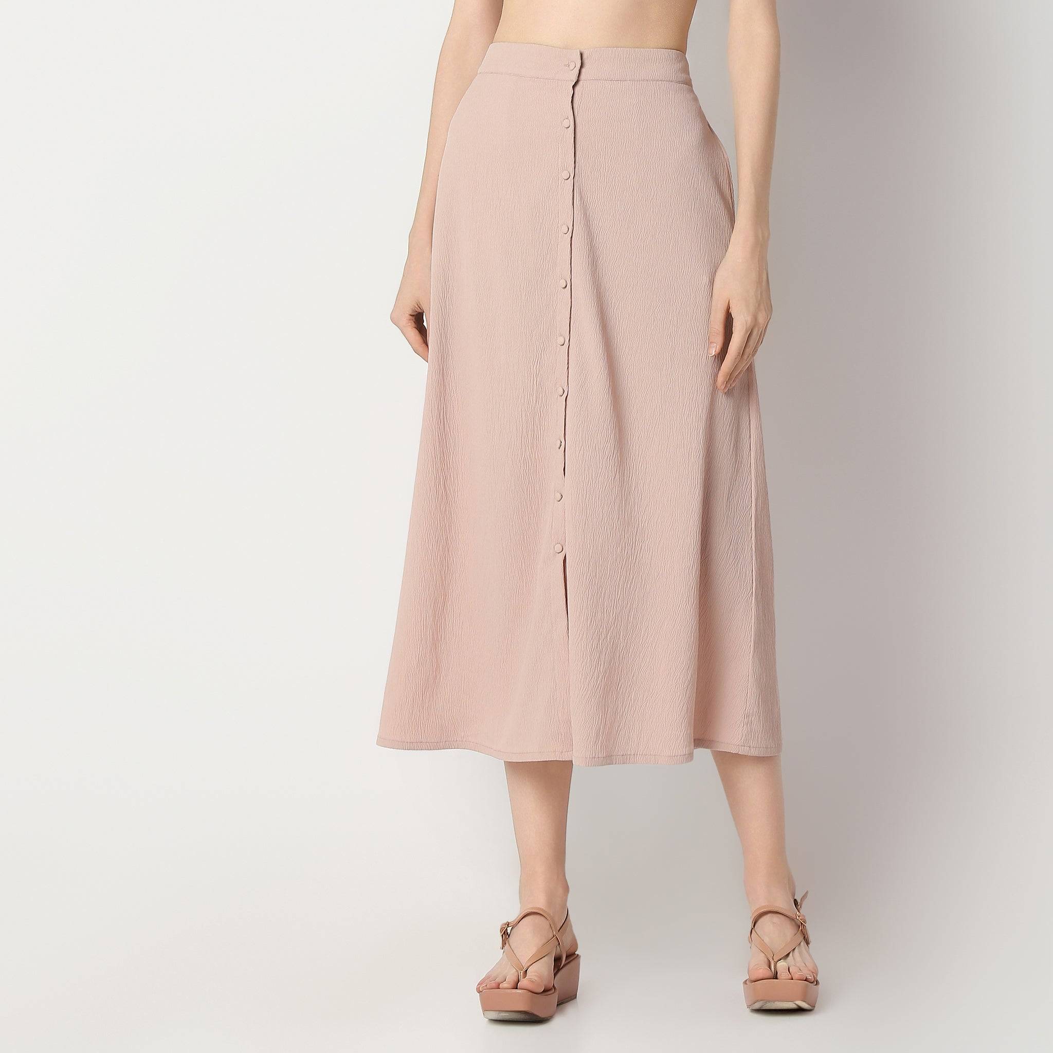 Flare Fit Calf Length High Rise Elasticated Waist Skirt