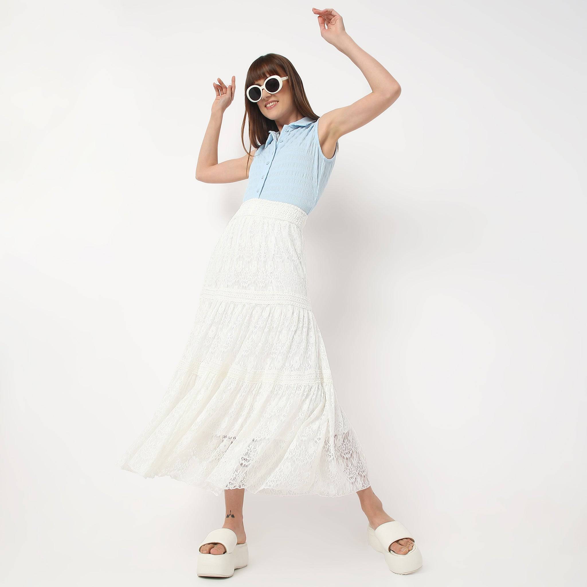 Flare Fit Calf Length High Rise Tiered Long Skirt Made With Comfortable Fabric