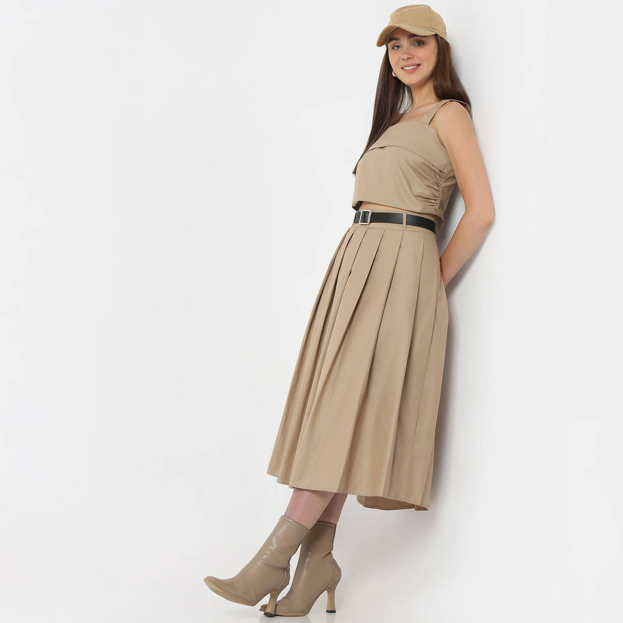 Flare Fit Pleats Calf Length High Rise Midi Skirt With Belt Detailing