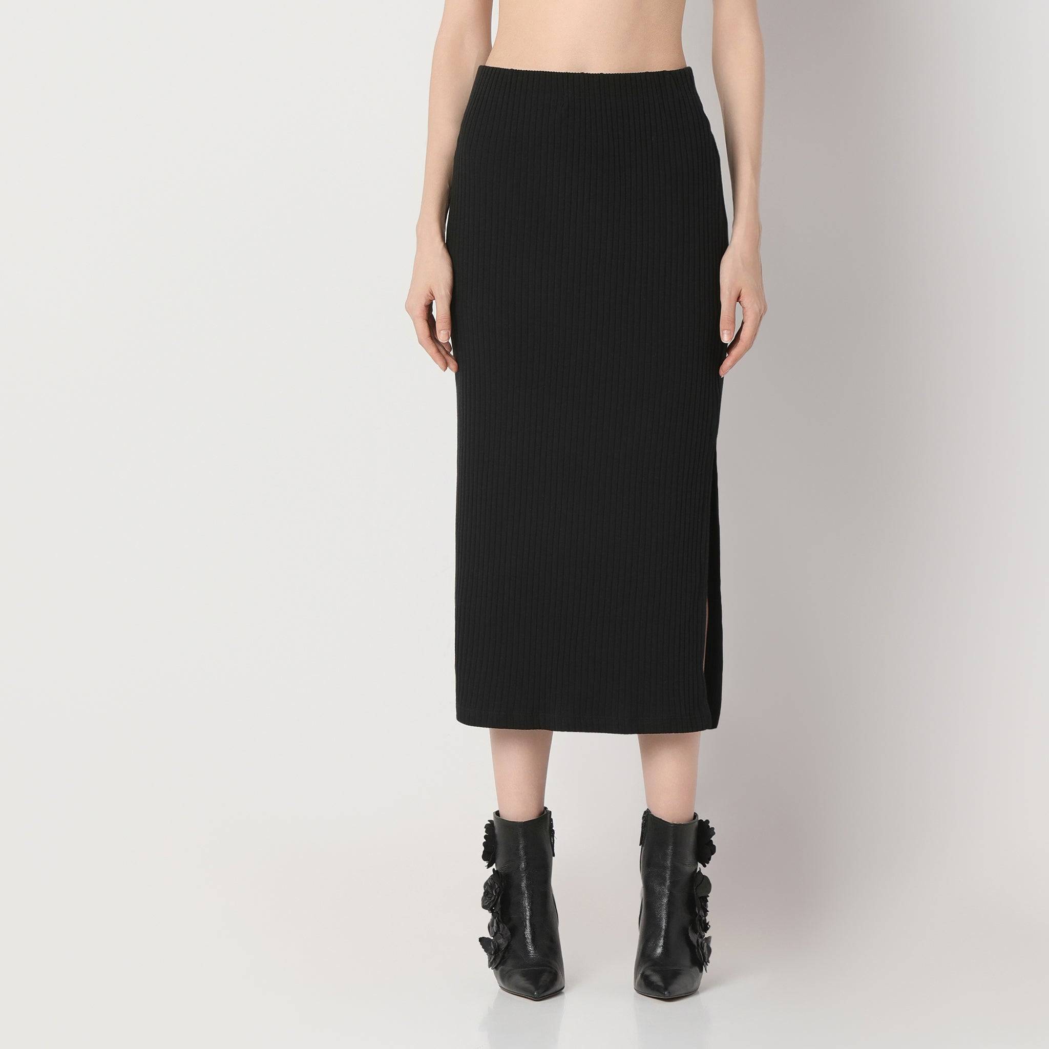 Slim Fit Below Knee Bodycon High Rise Skirt With Side Slit