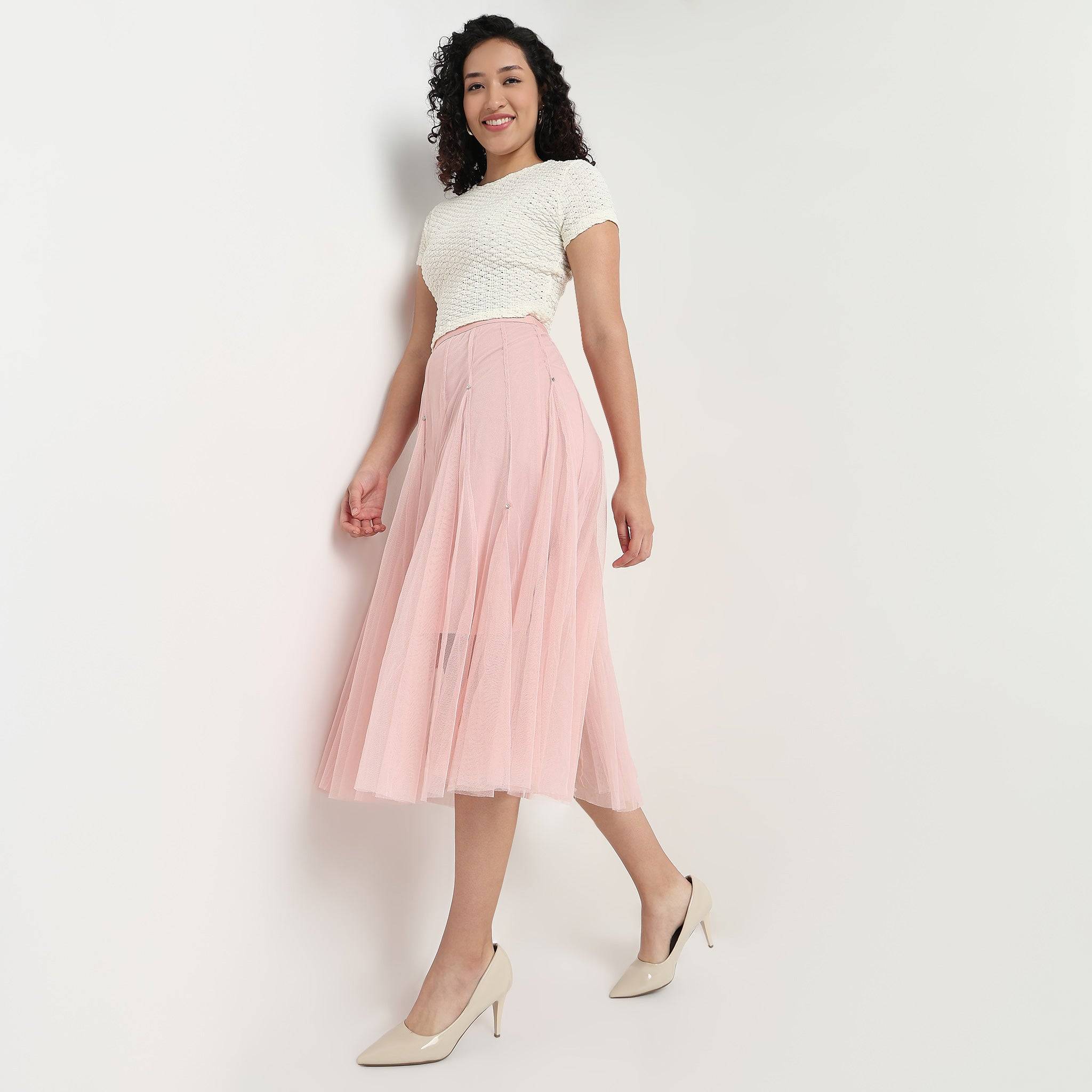 Tulle Panelled Flare Fit Skirt With Stud Work