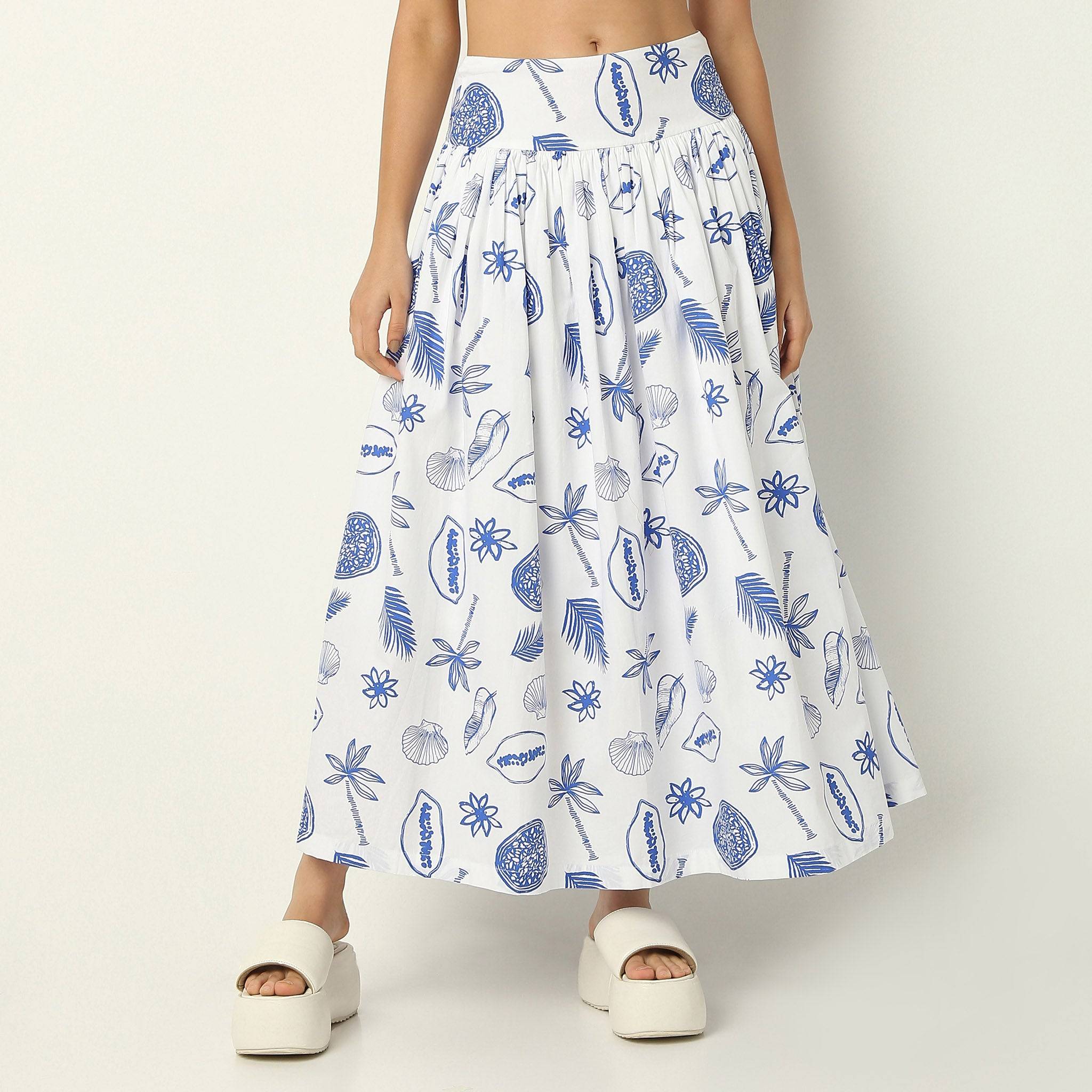 Flare Fit Tropical Print Ankle Length High Rise Skirt