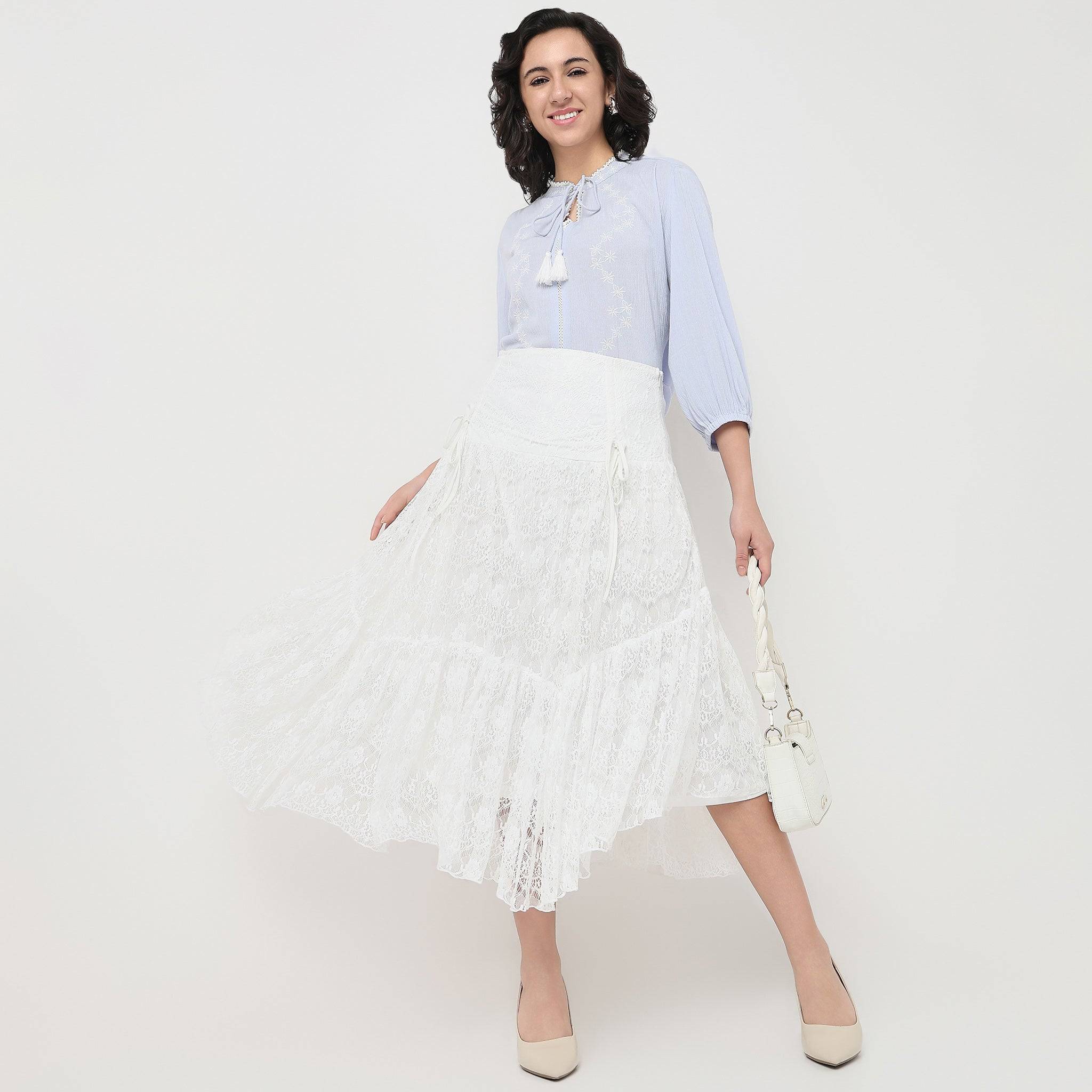 Laced High Rise Calf Length Flared Skirt