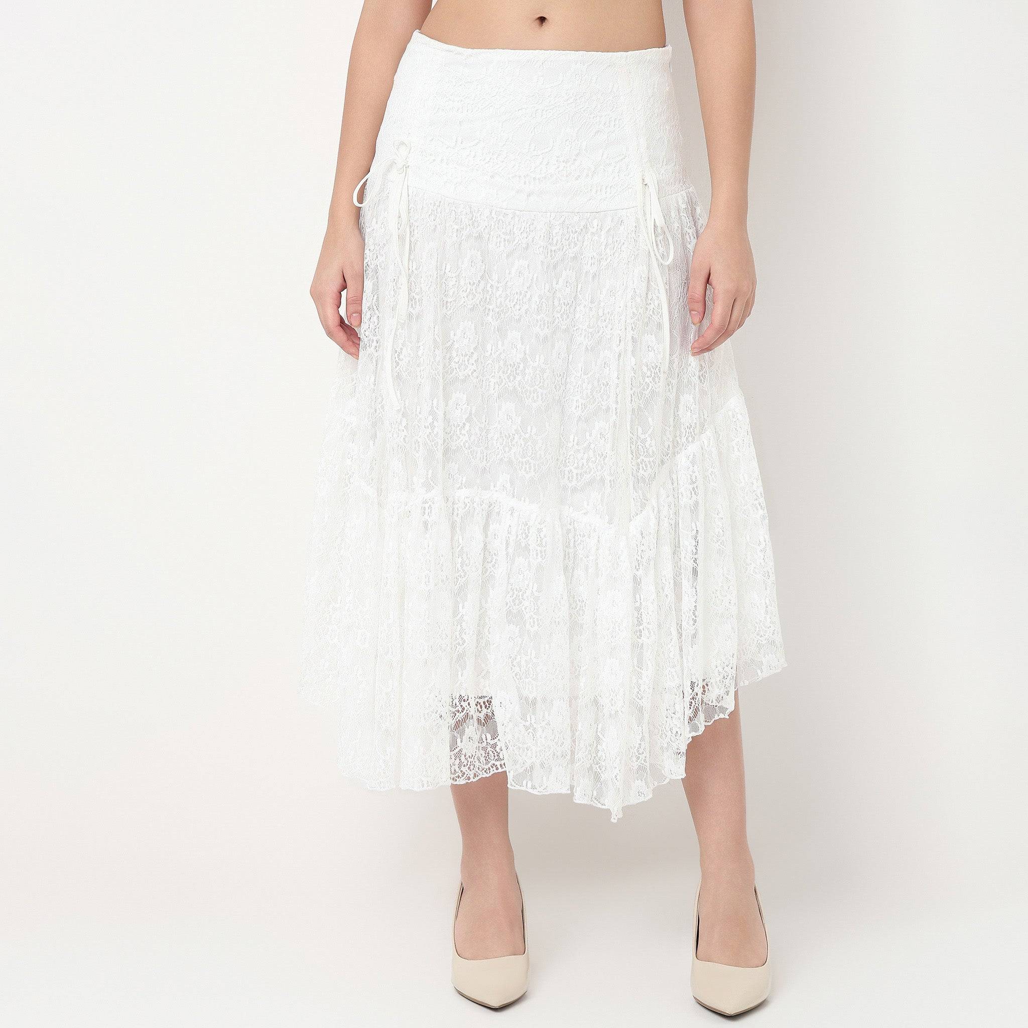 Laced High Rise Calf Length Flared Skirt