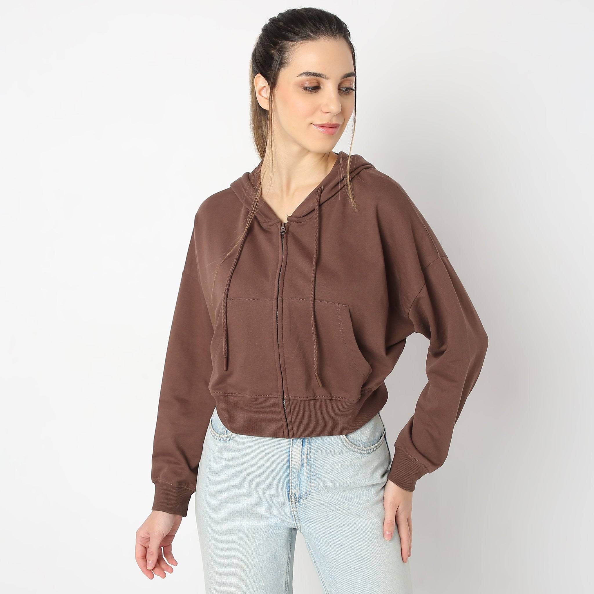 Solid Hoodie Full Sleeve With Zipper Detail Sweatshirt