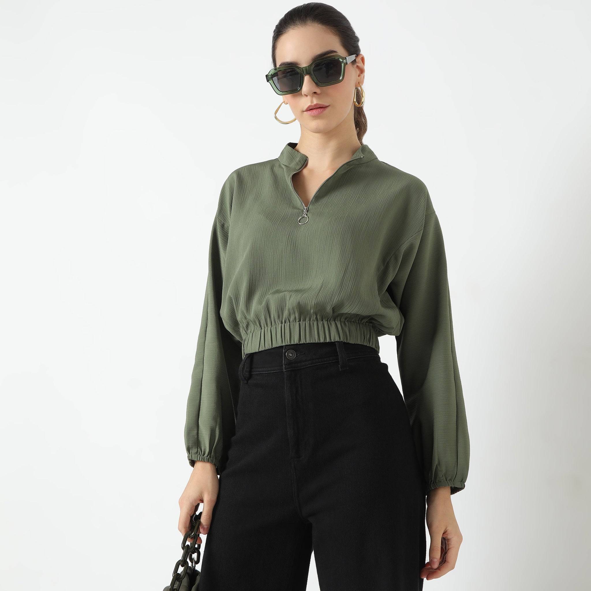 Full Sleeve Band Collar Betty Solid Top With Zipper Openig