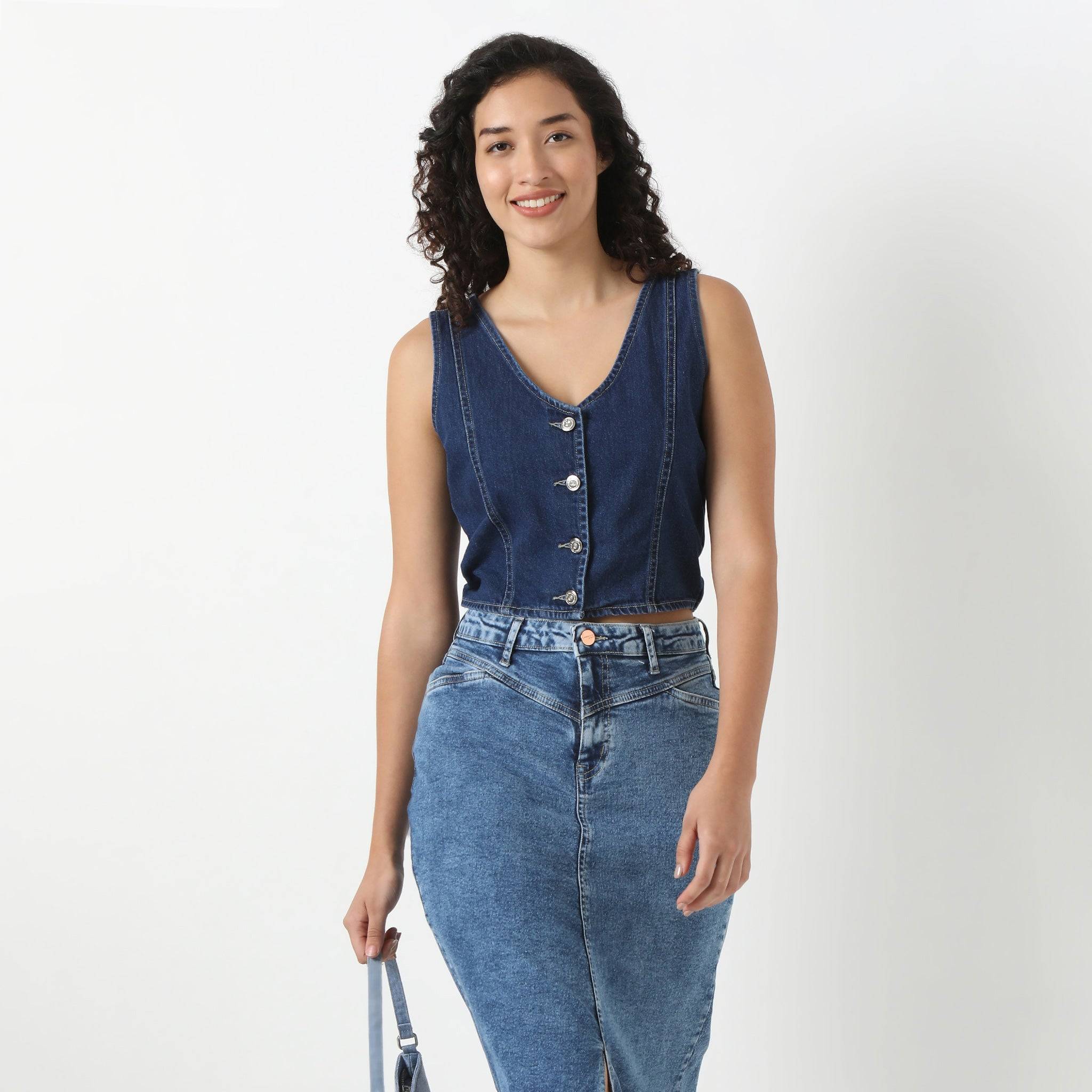 Denim Basic Waistcoat With Metal Button Closure