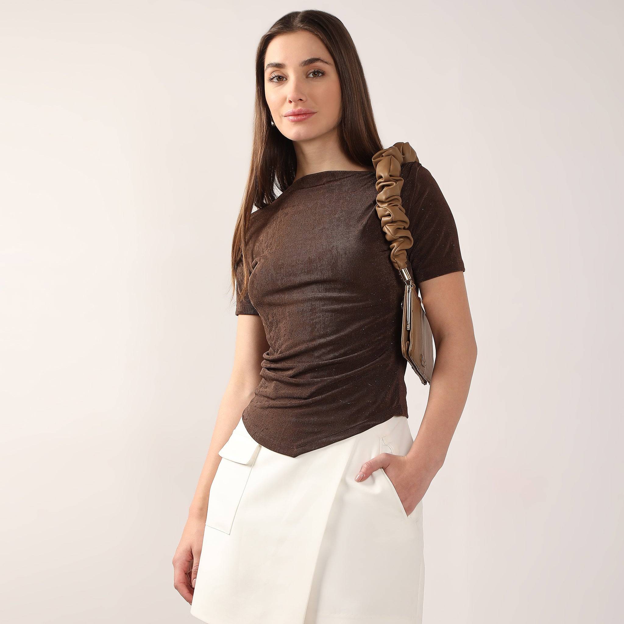 Cowl Neck - Asymmetrical Hemline Party Top - Short Sleeve