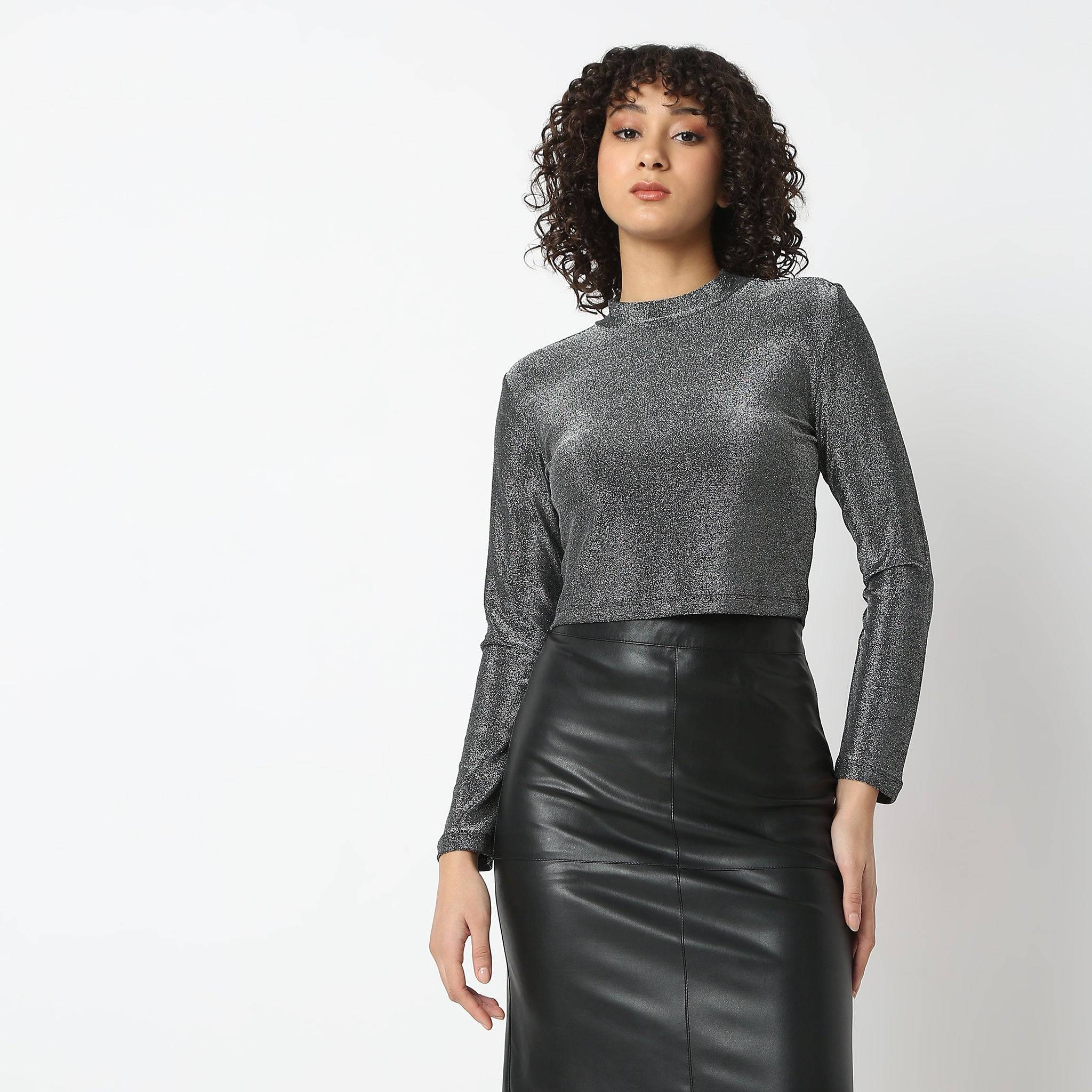 Mock Neck Full Sleeve Shimmer Sheath Fitted Top