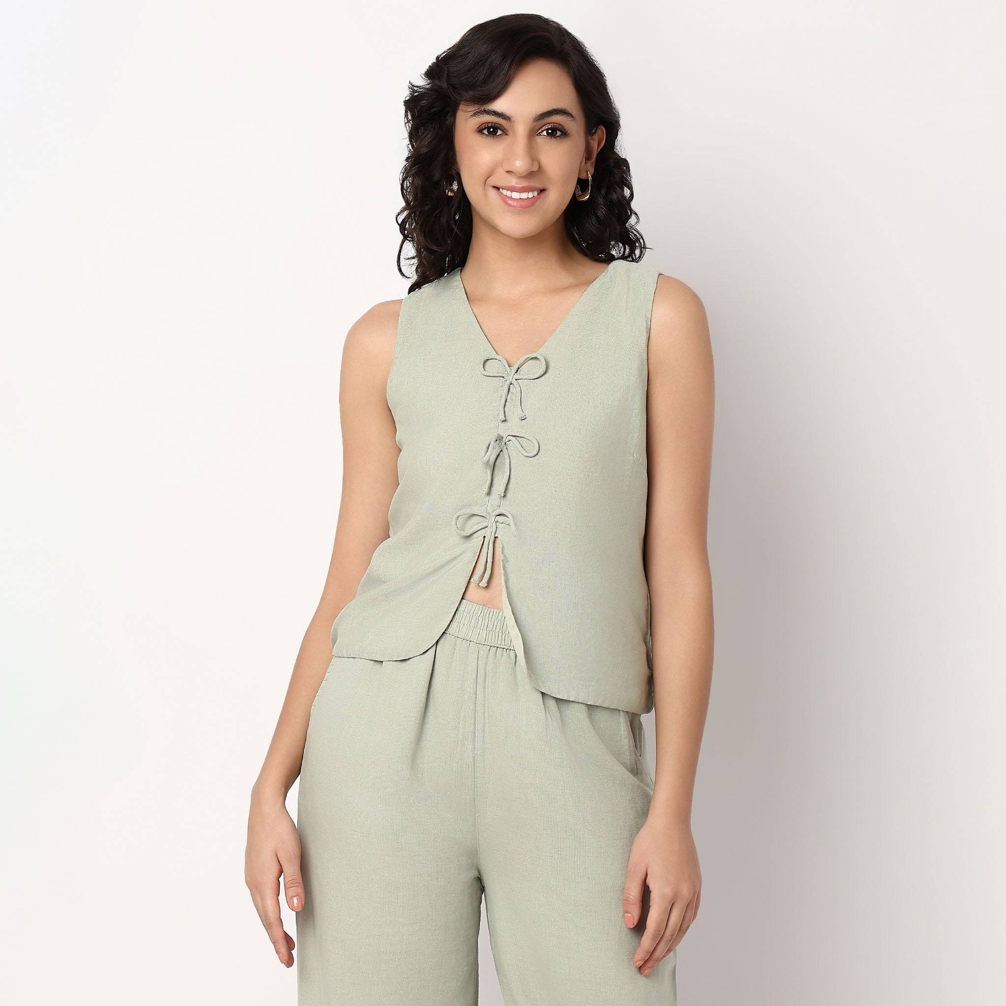 V-Neck Top With Front Tie-Up Detail