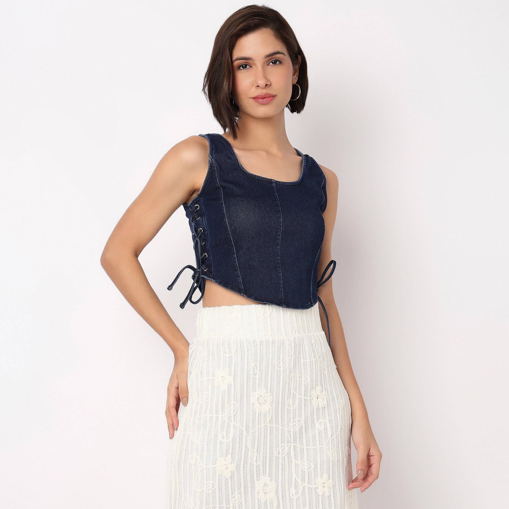 Denim Knit Top With Side Cross Strap Look