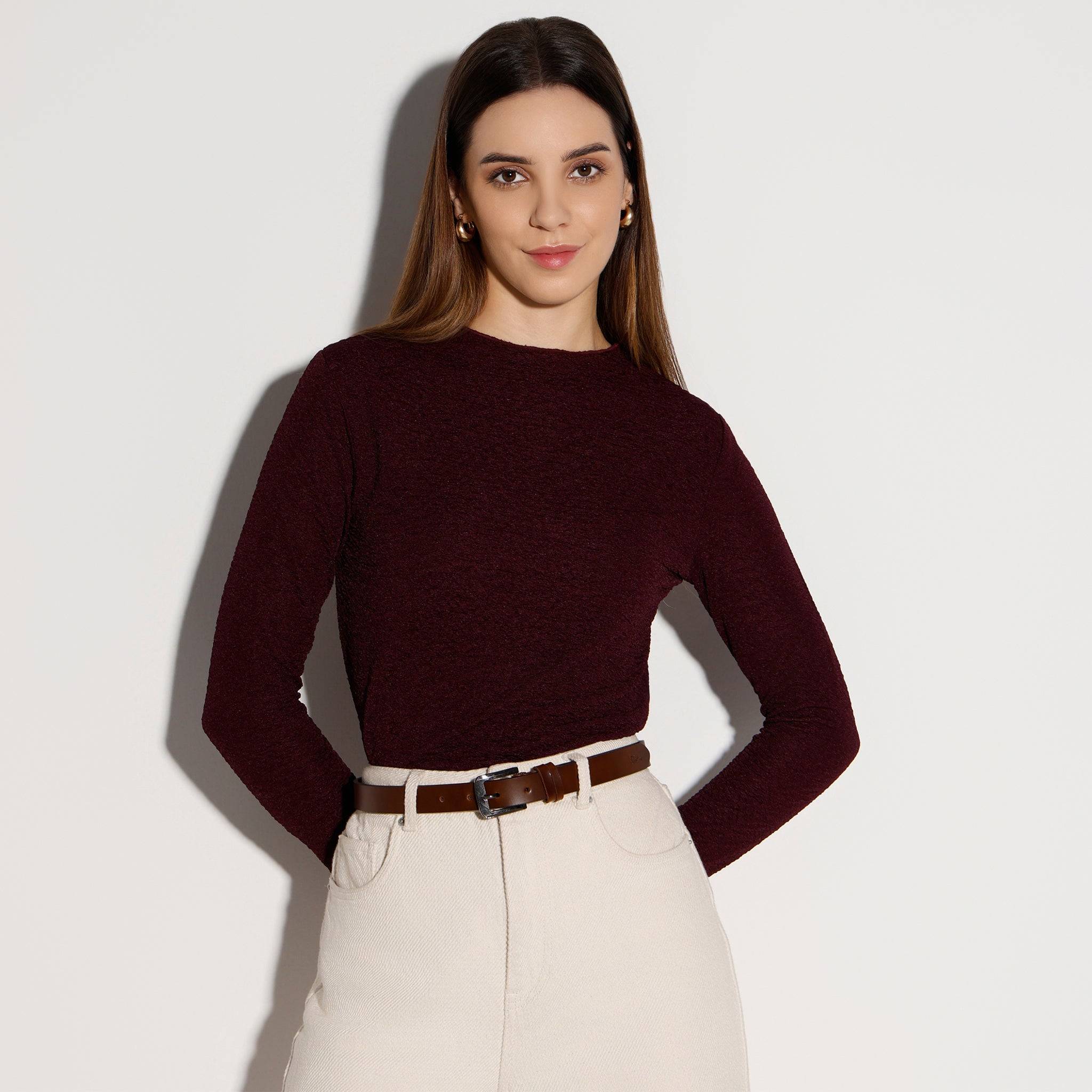 Slim Fit Full Sleeve Mock Neck Crop Top
