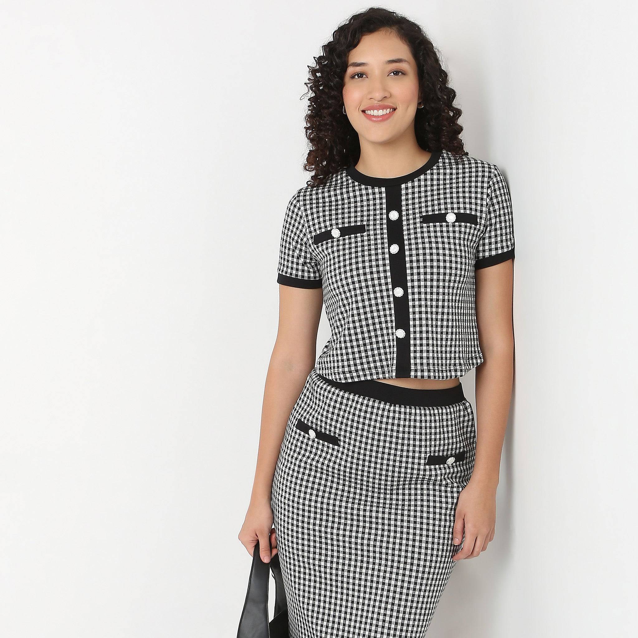 Checkered Betty Top With Front Opening