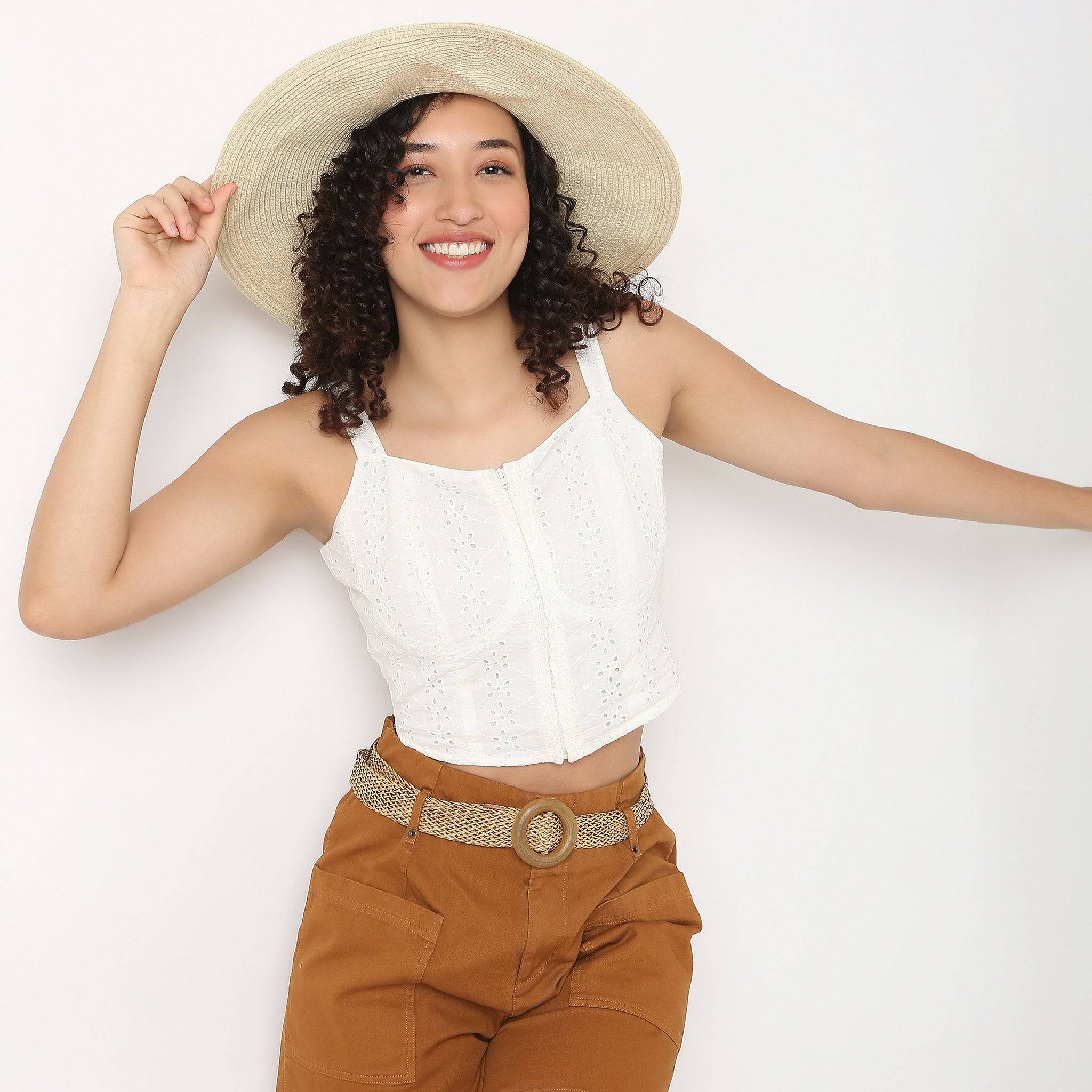 Schiffli Crop Top With Zipper Detail