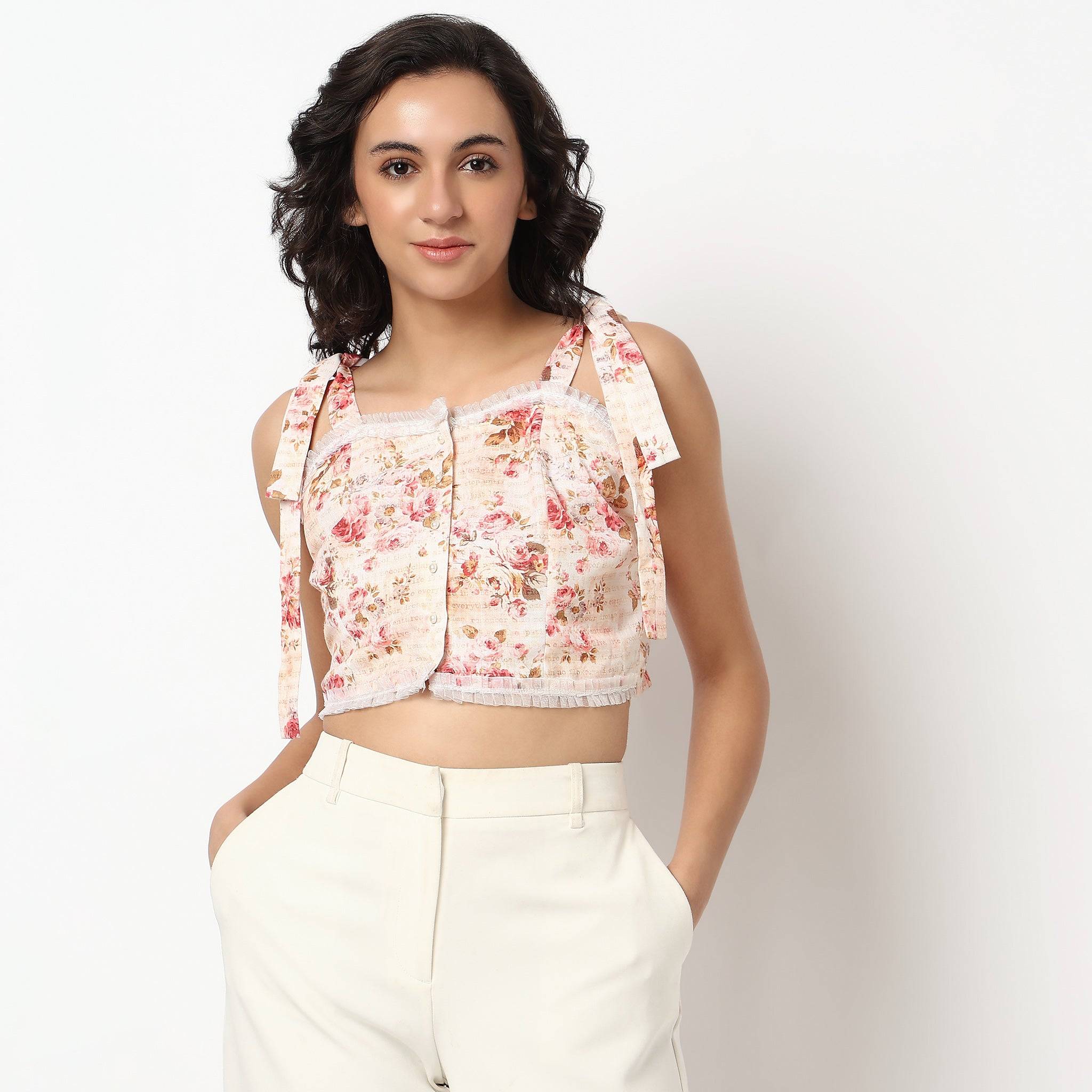Floral Cropped Top with Tie-Up Straps