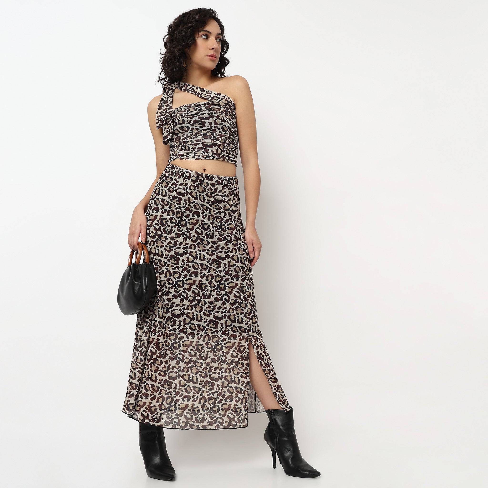 Animal Print Tube Top With Side Ruching And Strap Around The Neck