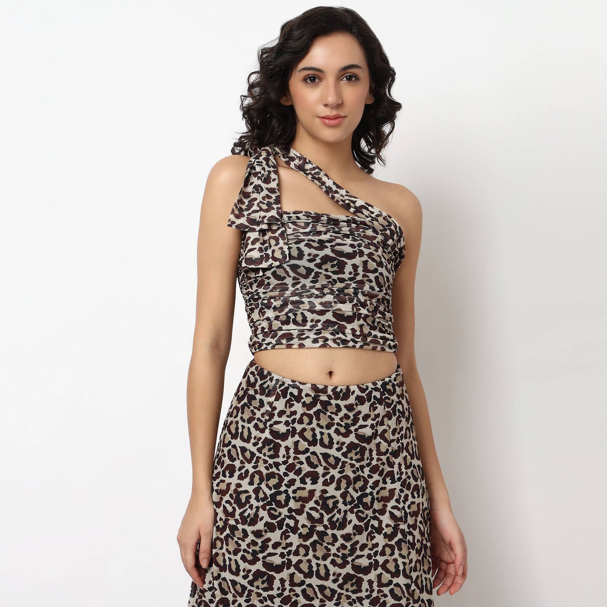 Animal Print Tube Top With Side Ruching And Strap Around The Neck
