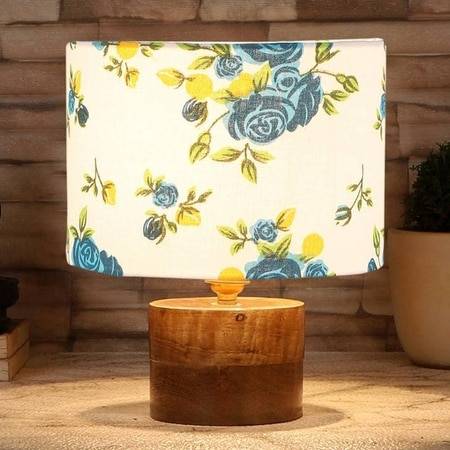 Dashiell Multicolor cotton table lamp with Natural Wood Base
