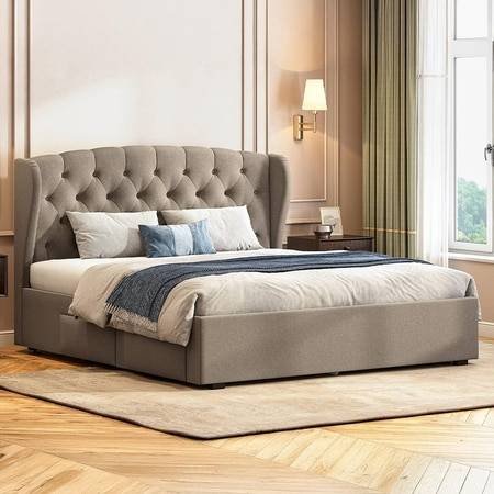 Holmebrook Engineered Wood King Size Drawer Storage Upholstered Bed In Shitake Beige Colour