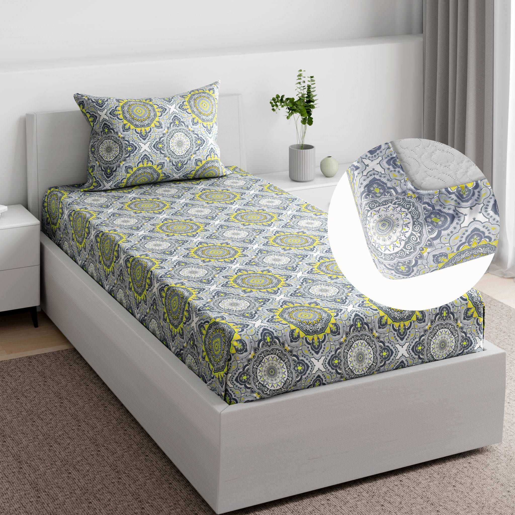 Essentials 100% Cotton Super Soft Fitted Bedsheet With 1 Pillow Cover | Indra Single, 72" x 35", Indra | 1.83m x 89cm (72x35 inch)