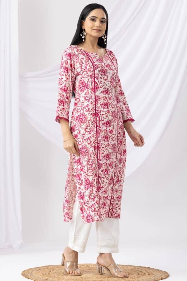 Pink & White Printed Rayon Kurti with Mandarin Collar