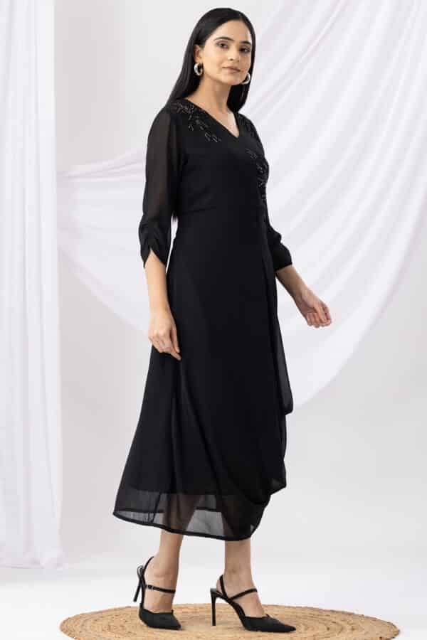 Black Embroidered V-Neck Casual Dress with 3/4th Sleeves