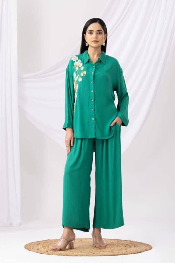 Neon Green Solid Viscose Co-ord Palazzo with Regular Fit