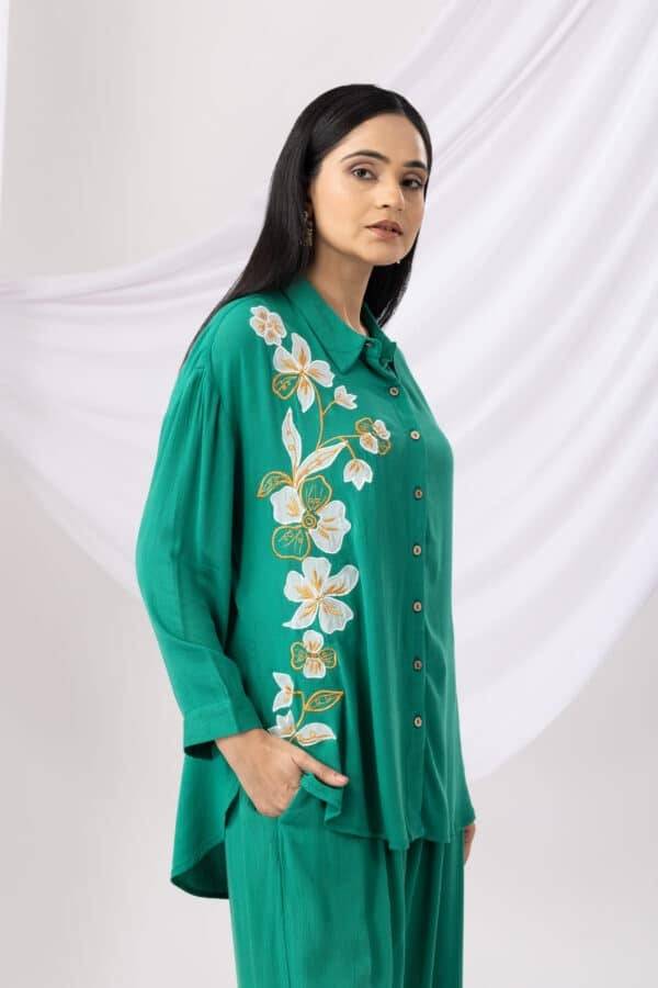 Neon Green Embroidered Viscose  Co-ord Top with Collared Neck
