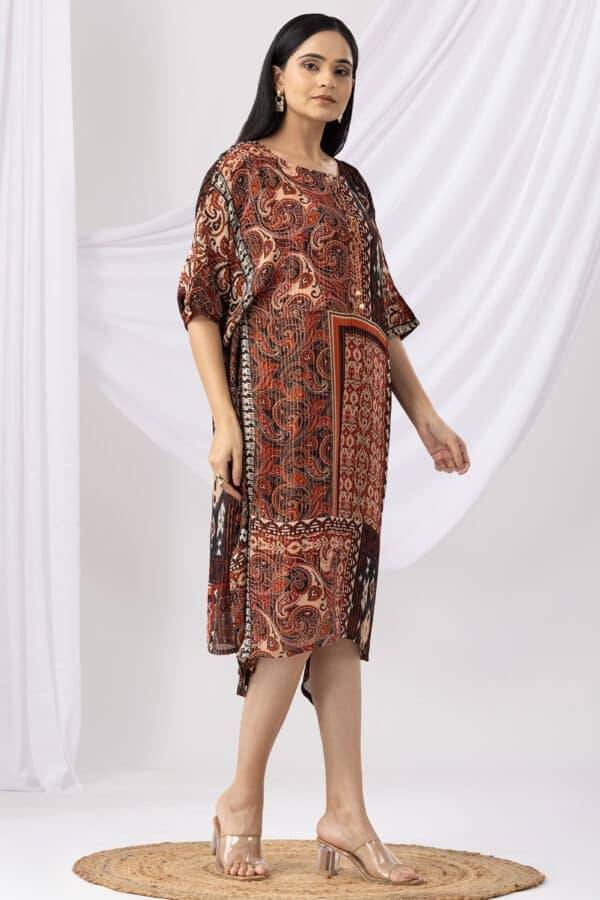 Rust Printed Lurex Georgette Kaftan with Round Neck & Kimono Sleeves