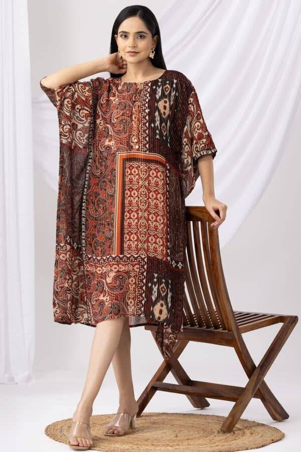 Rust Printed Lurex Georgette Kaftan with Round Neck & Kimono Sleeves