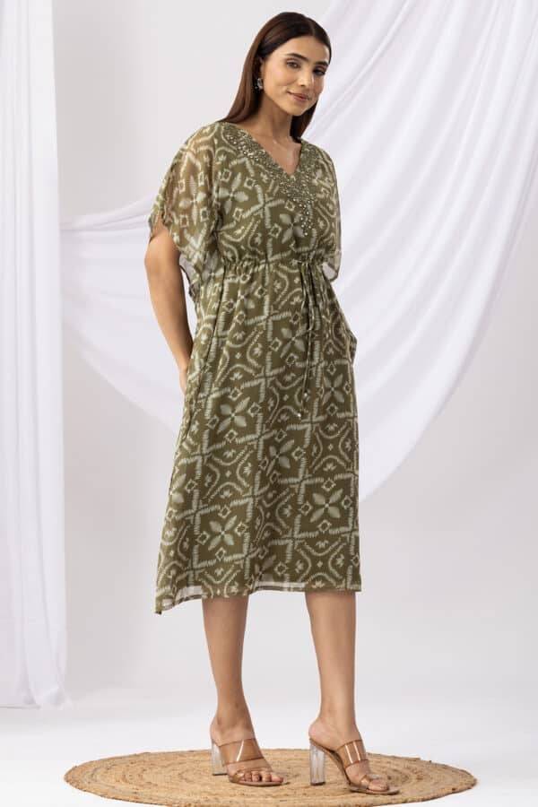 Green Printed Kaftan Dress with V Neck