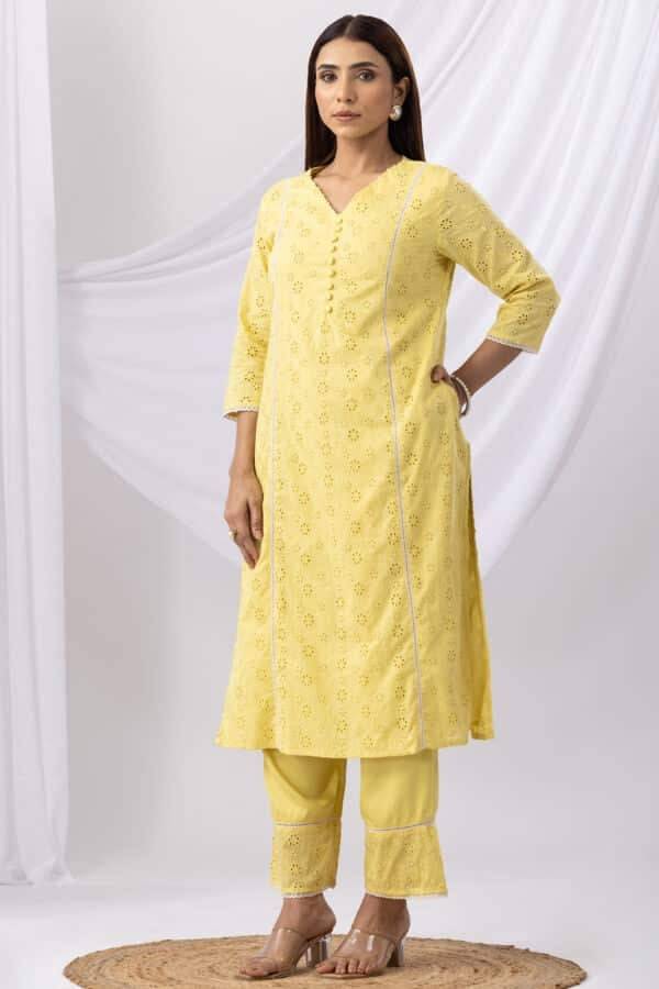 Solid Yellow Palazzo Pant with Tencel Twill & Schiffli Embroidery